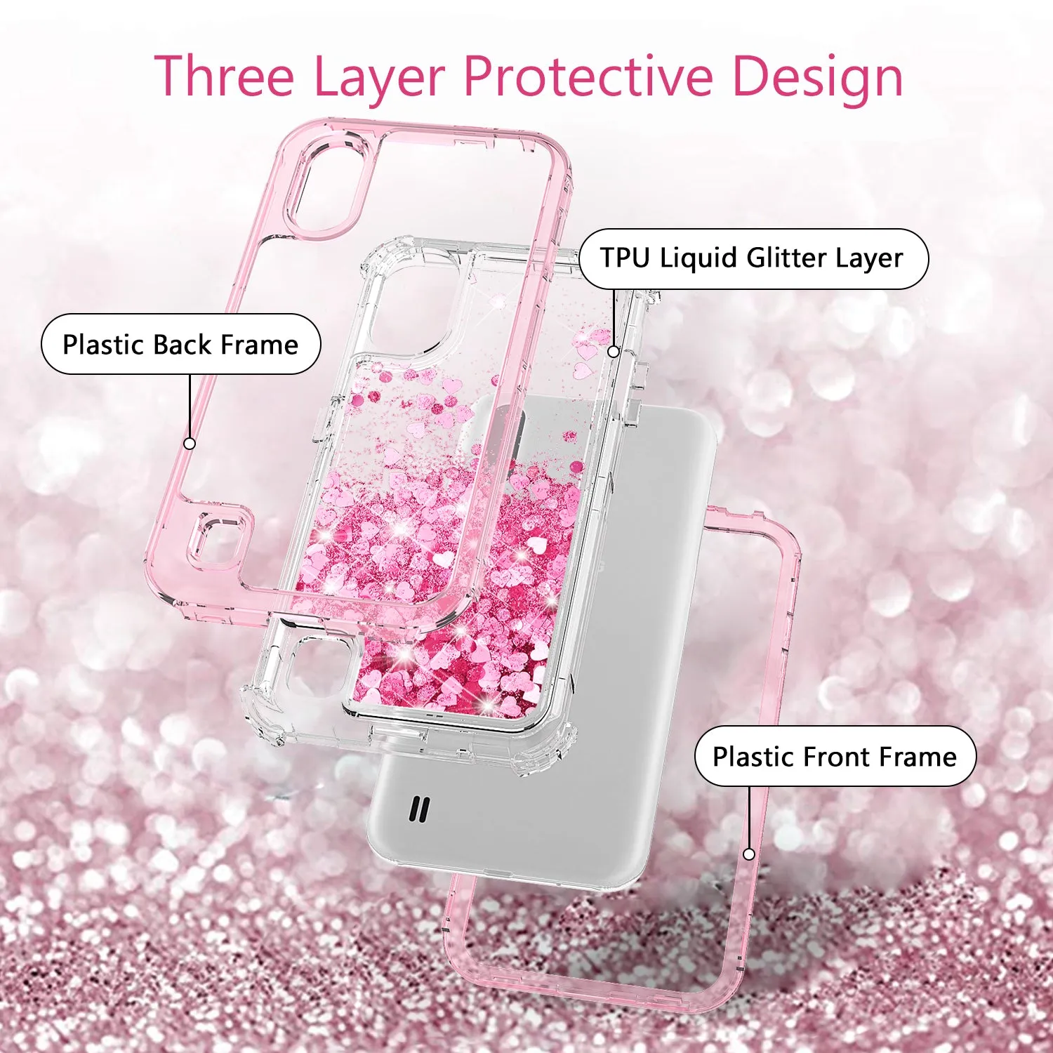 Samsung Galaxy A01 Case,Hard Clear Glitter Sparkle Flowing Liquid Heavy Duty Shockproof Three Layer Protective Bling Girls Women Cases for Samsung Galaxy A01 - Pink