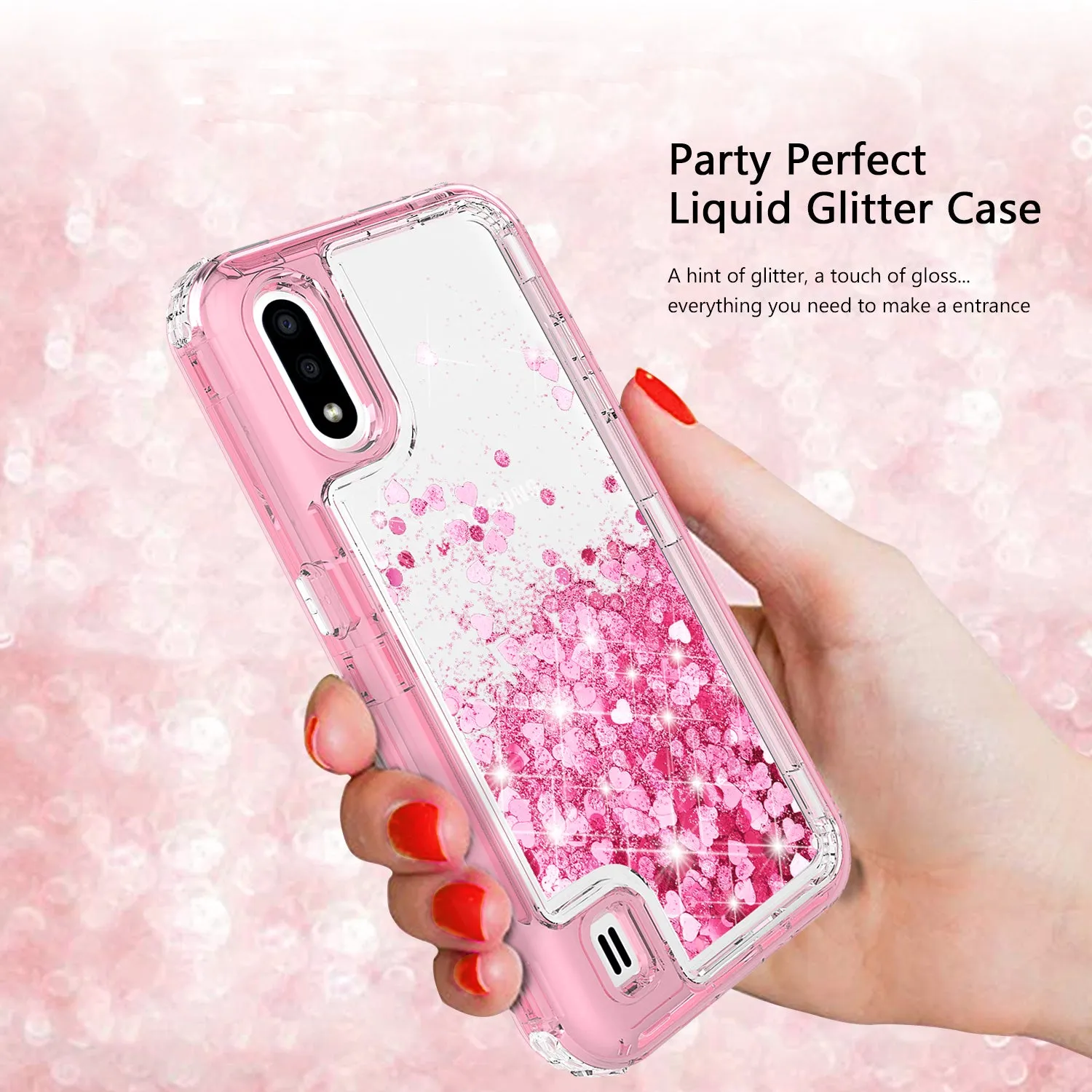 Samsung Galaxy A01 Case,Hard Clear Glitter Sparkle Flowing Liquid Heavy Duty Shockproof Three Layer Protective Bling Girls Women Cases for Samsung Galaxy A01 - Pink