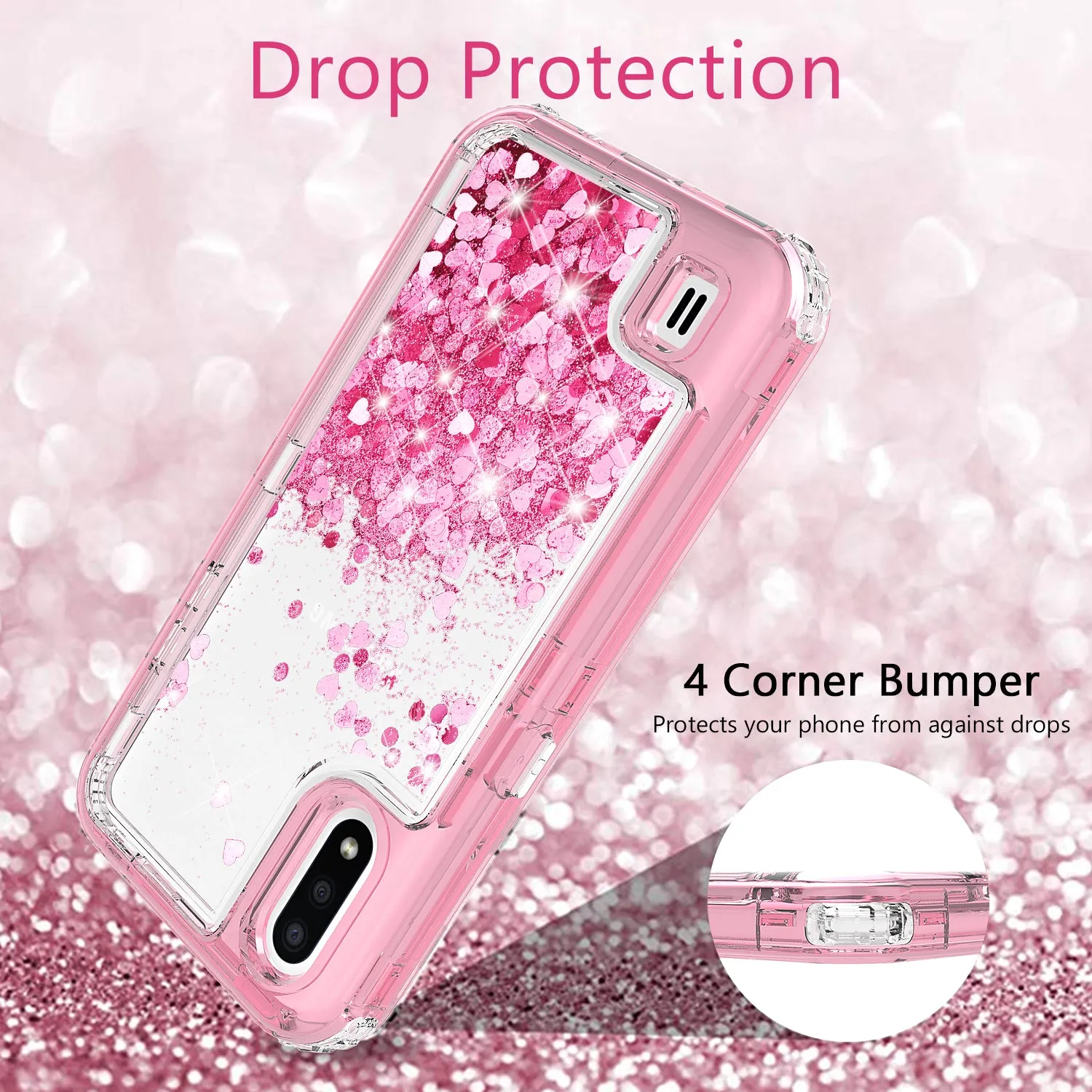Samsung Galaxy A01 Case,Hard Clear Glitter Sparkle Flowing Liquid Heavy Duty Shockproof Three Layer Protective Bling Girls Women Cases for Samsung Galaxy A01 - Pink
