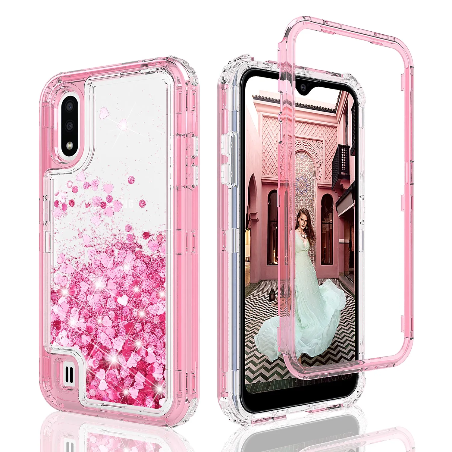 Samsung Galaxy A01 Case,Hard Clear Glitter Sparkle Flowing Liquid Heavy Duty Shockproof Three Layer Protective Bling Girls Women Cases for Samsung Galaxy A01 - Pink
