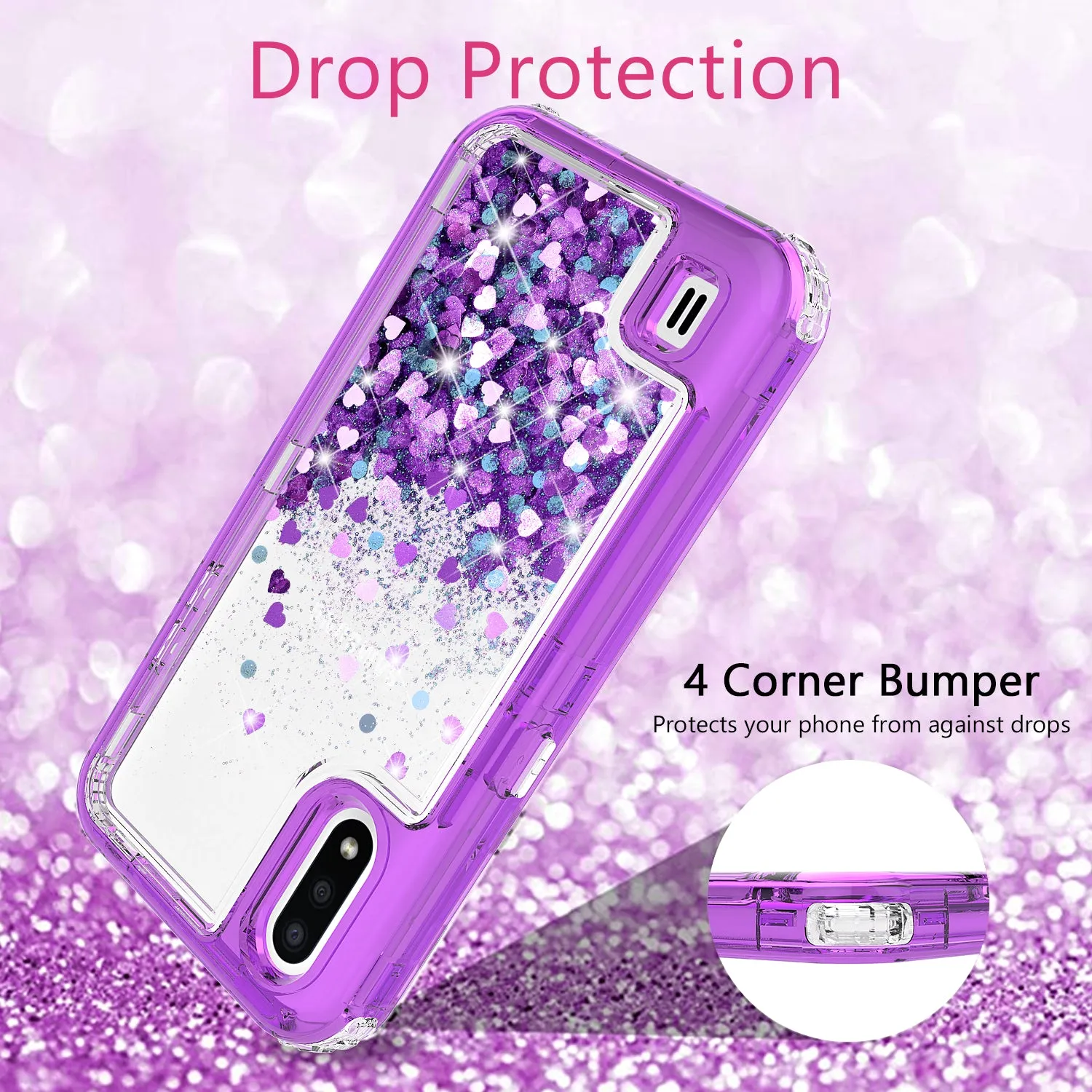 Samsung Galaxy A01 Case,Hard Clear Glitter Sparkle Flowing Liquid Heavy Duty Shockproof Three Layer Protective Bling Girls Women Cases for Samsung Galaxy A01 - Purple