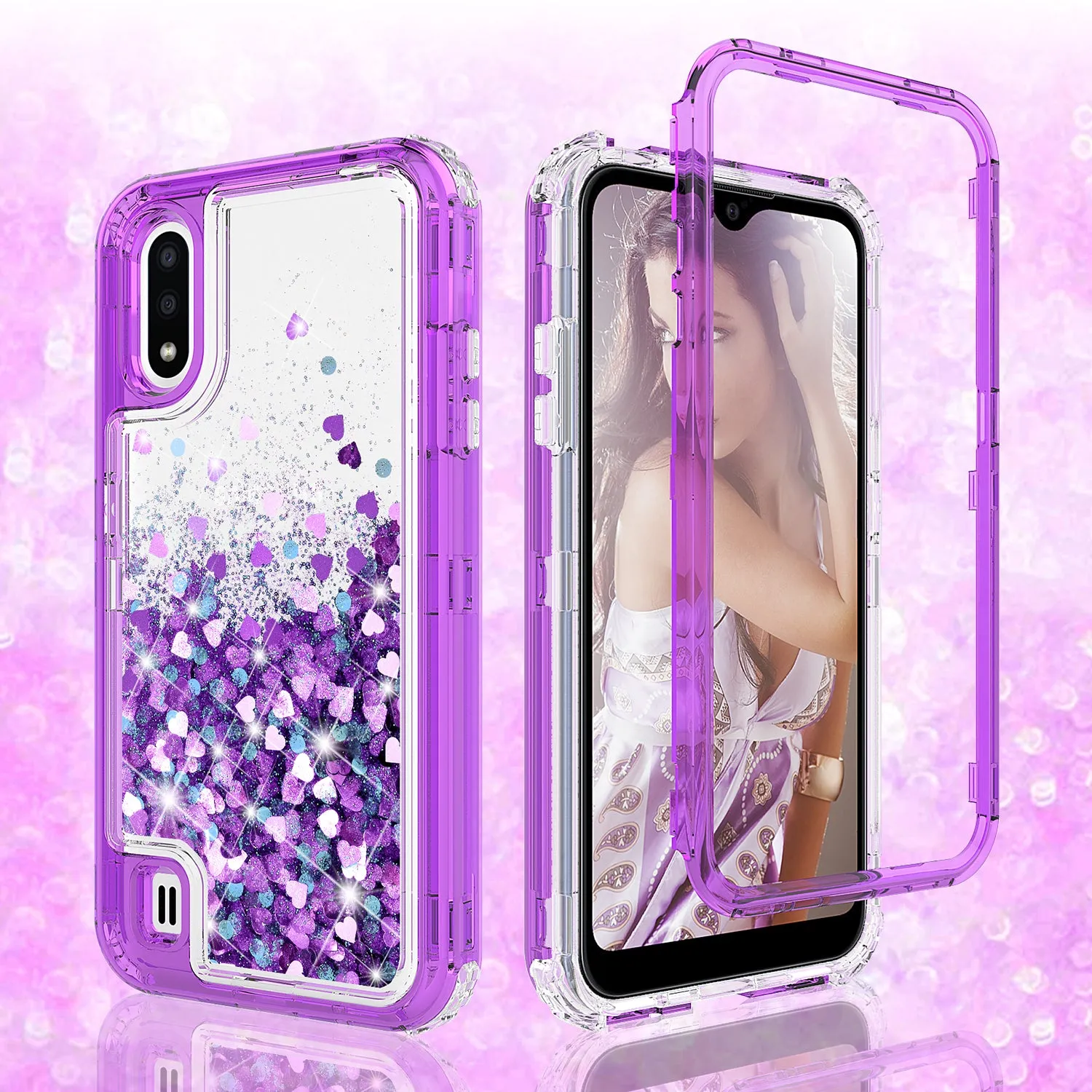 Samsung Galaxy A01 Case,Hard Clear Glitter Sparkle Flowing Liquid Heavy Duty Shockproof Three Layer Protective Bling Girls Women Cases for Samsung Galaxy A01 - Purple