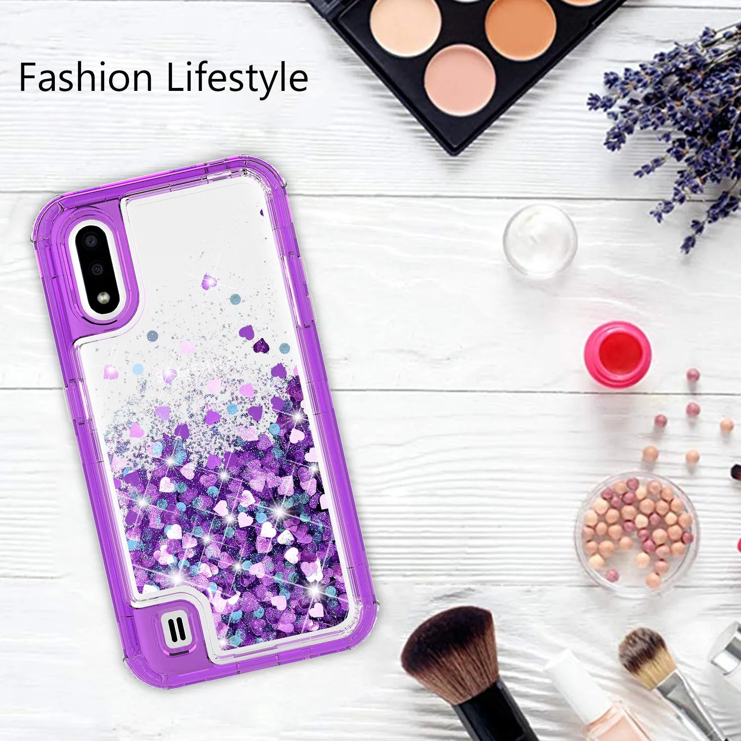 Samsung Galaxy A01 Case,Hard Clear Glitter Sparkle Flowing Liquid Heavy Duty Shockproof Three Layer Protective Bling Girls Women Cases for Samsung Galaxy A01 - Purple