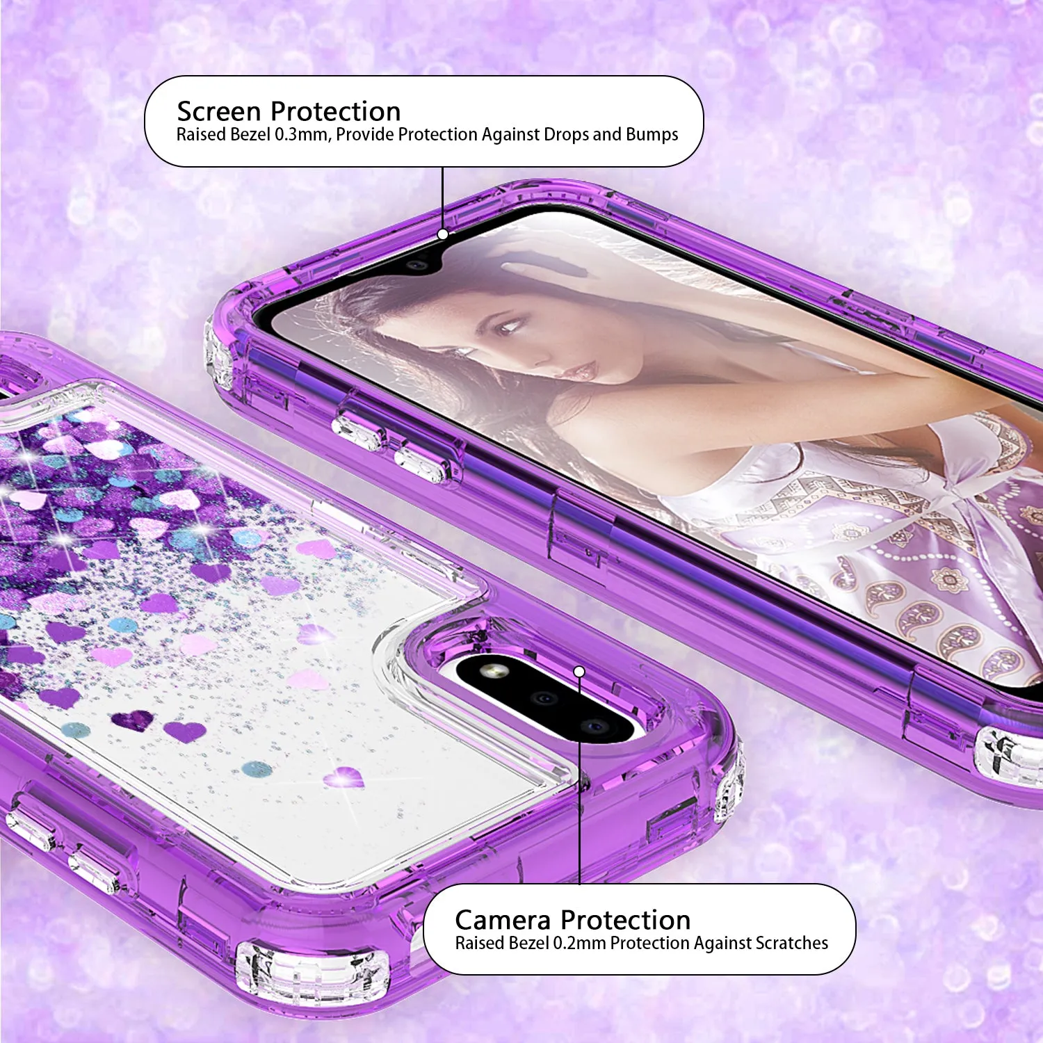 Samsung Galaxy A01 Case,Hard Clear Glitter Sparkle Flowing Liquid Heavy Duty Shockproof Three Layer Protective Bling Girls Women Cases for Samsung Galaxy A01 - Purple