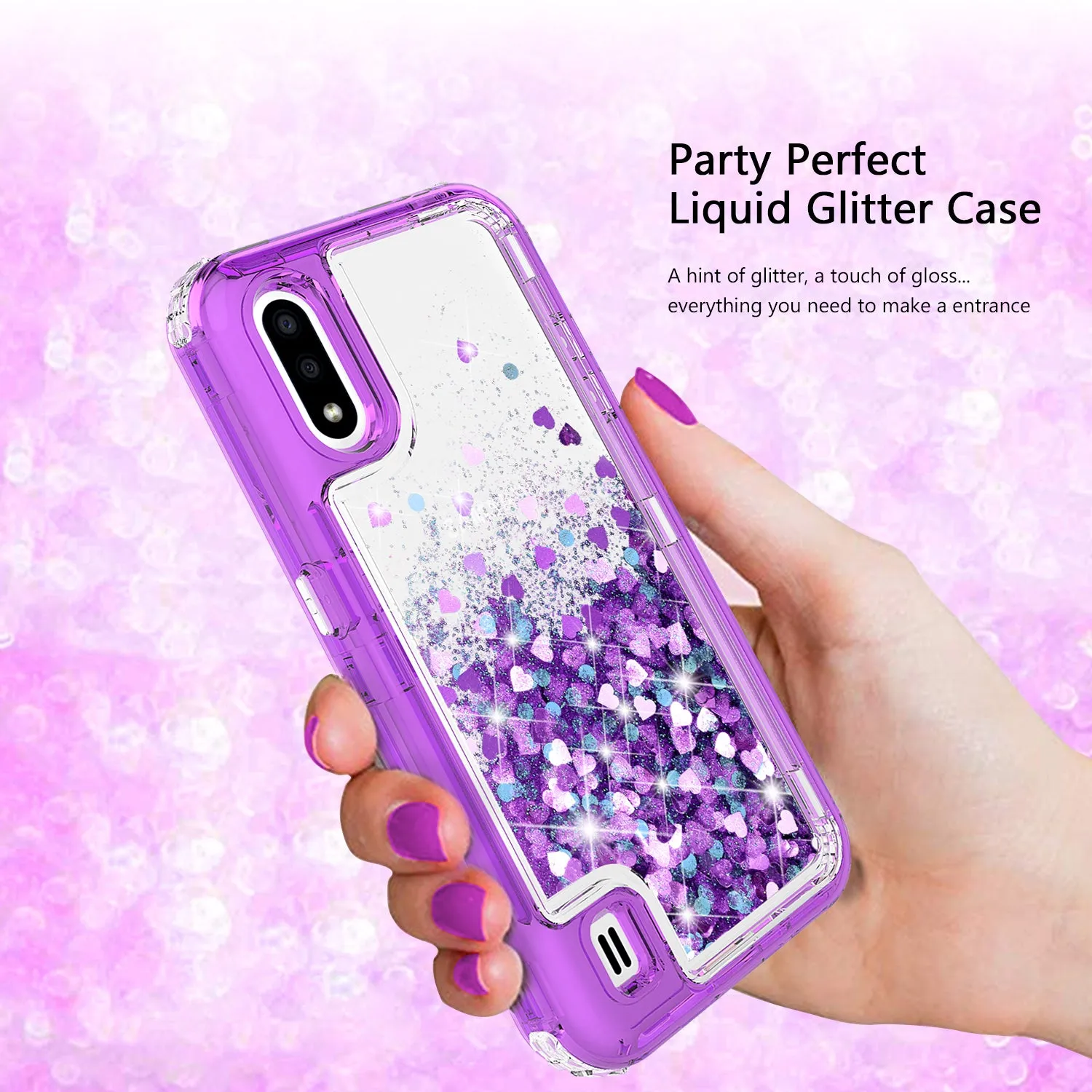 Samsung Galaxy A01 Case,Hard Clear Glitter Sparkle Flowing Liquid Heavy Duty Shockproof Three Layer Protective Bling Girls Women Cases for Samsung Galaxy A01 - Purple