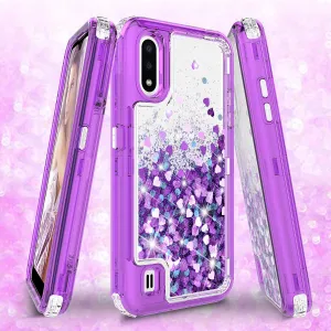 Samsung Galaxy A01 Case,Hard Clear Glitter Sparkle Flowing Liquid Heavy Duty Shockproof Three Layer Protective Bling Girls Women Cases for Samsung Galaxy A01 - Purple