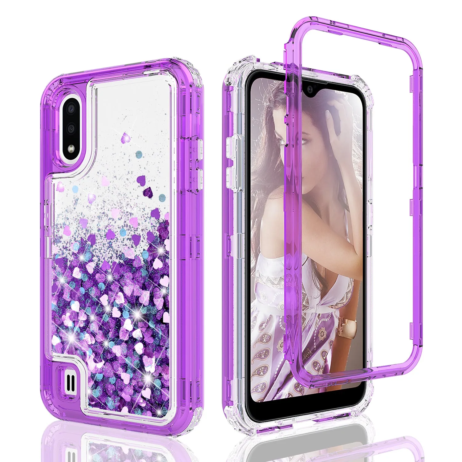 Samsung Galaxy A01 Case,Hard Clear Glitter Sparkle Flowing Liquid Heavy Duty Shockproof Three Layer Protective Bling Girls Women Cases for Samsung Galaxy A01 - Purple