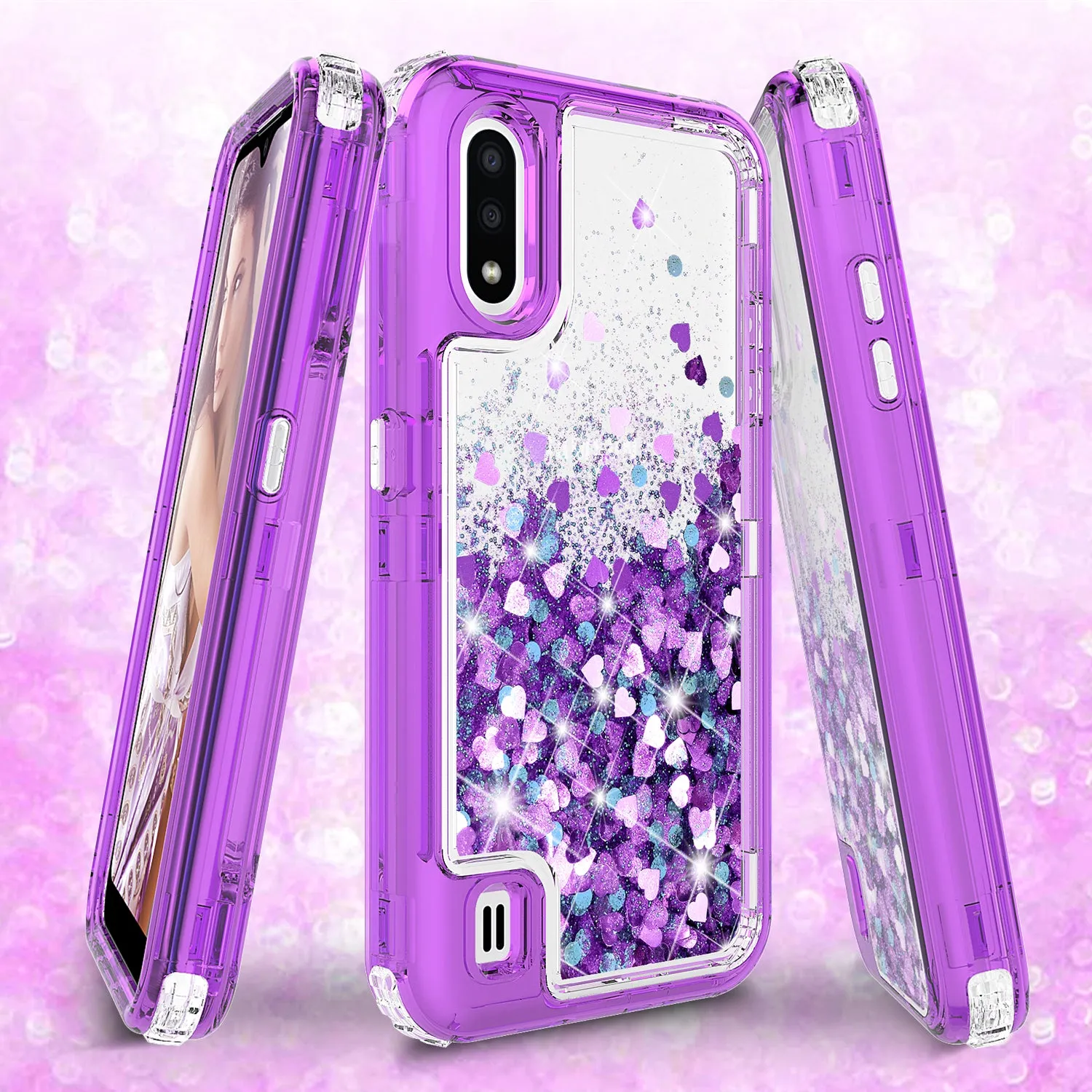 Samsung Galaxy A01 Case,Hard Clear Glitter Sparkle Flowing Liquid Heavy Duty Shockproof Three Layer Protective Bling Girls Women Cases for Samsung Galaxy A01 - Purple