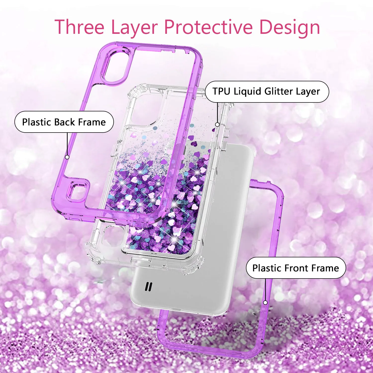 Samsung Galaxy A01 Case,Hard Clear Glitter Sparkle Flowing Liquid Heavy Duty Shockproof Three Layer Protective Bling Girls Women Cases for Samsung Galaxy A01 - Purple