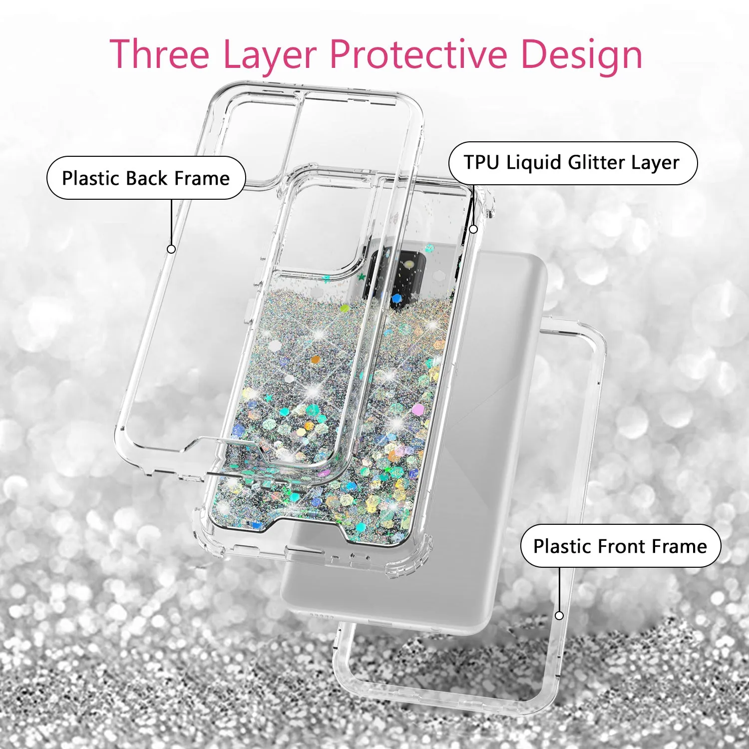 Samsung Galaxy A02s Case,Hard Clear Glitter Sparkle Flowing Liquid Heavy Duty Shockproof Three Layer Protective Bling Girls Women Cases for Samsung Galaxy A02s - Clear