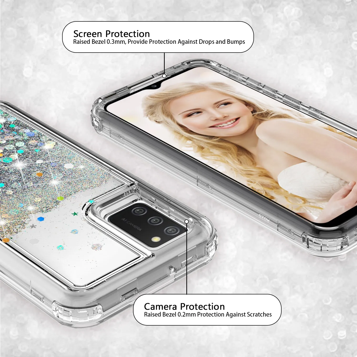Samsung Galaxy A02s Case,Hard Clear Glitter Sparkle Flowing Liquid Heavy Duty Shockproof Three Layer Protective Bling Girls Women Cases for Samsung Galaxy A02s - Clear