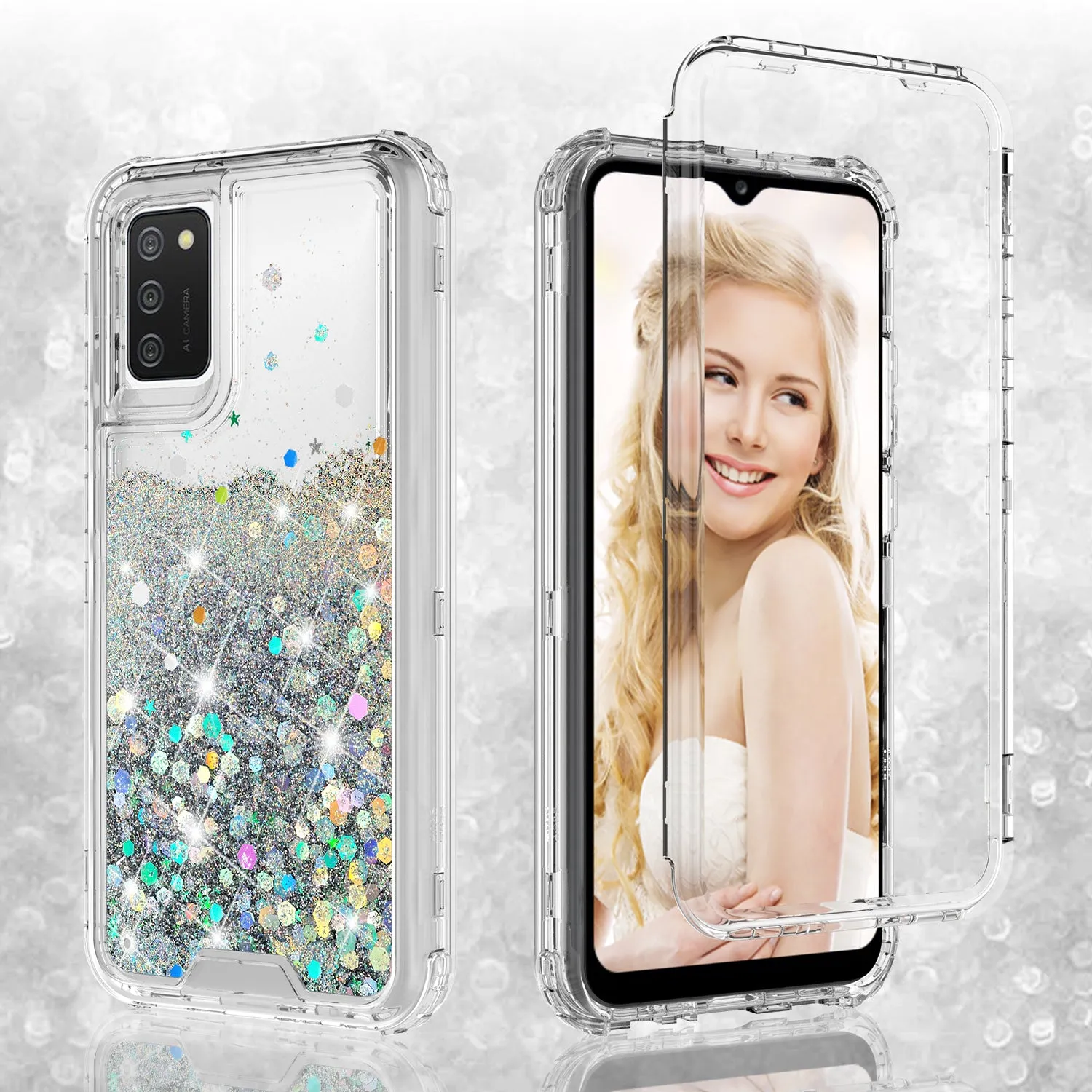 Samsung Galaxy A02s Case,Hard Clear Glitter Sparkle Flowing Liquid Heavy Duty Shockproof Three Layer Protective Bling Girls Women Cases for Samsung Galaxy A02s - Clear