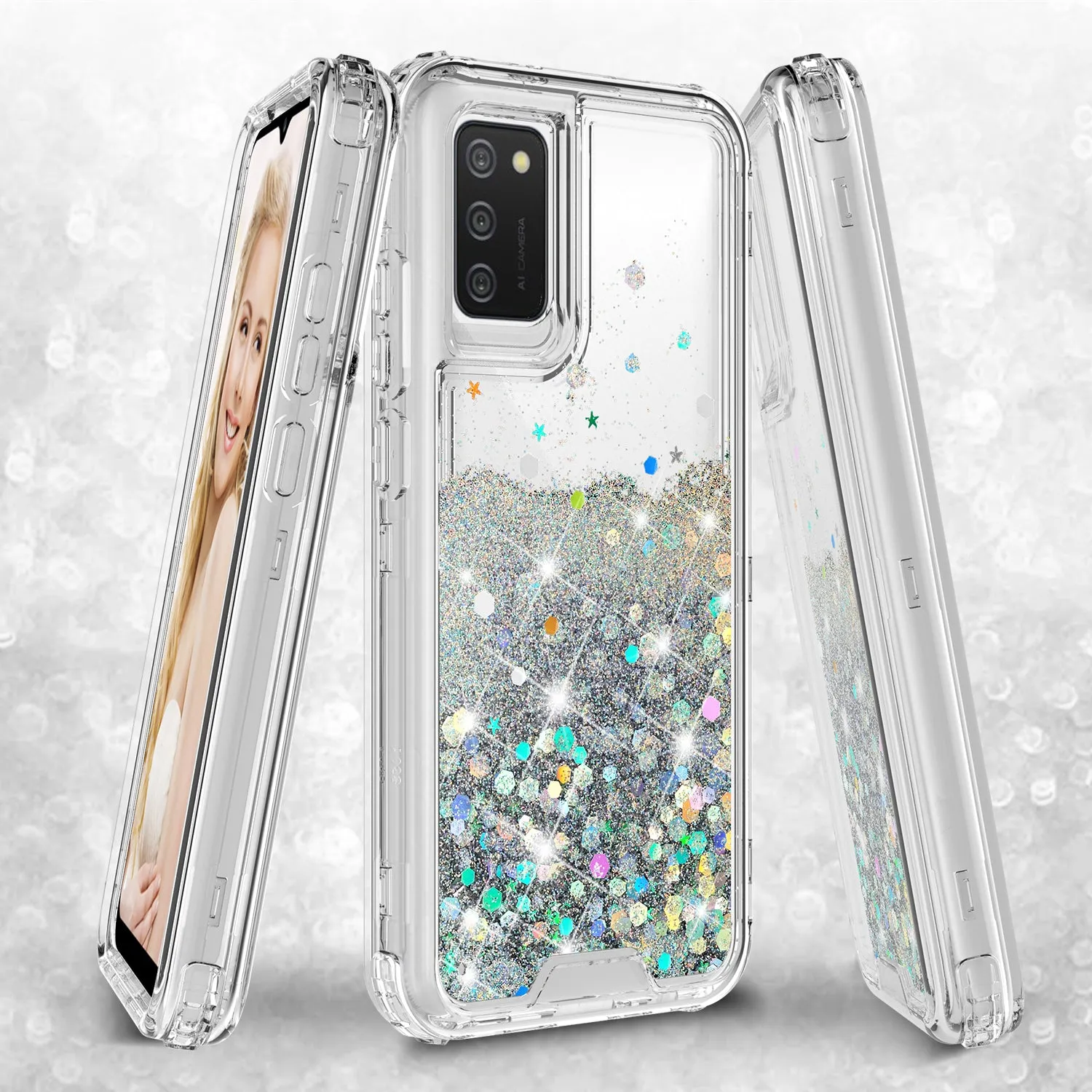 Samsung Galaxy A02s Case,Hard Clear Glitter Sparkle Flowing Liquid Heavy Duty Shockproof Three Layer Protective Bling Girls Women Cases for Samsung Galaxy A02s - Clear