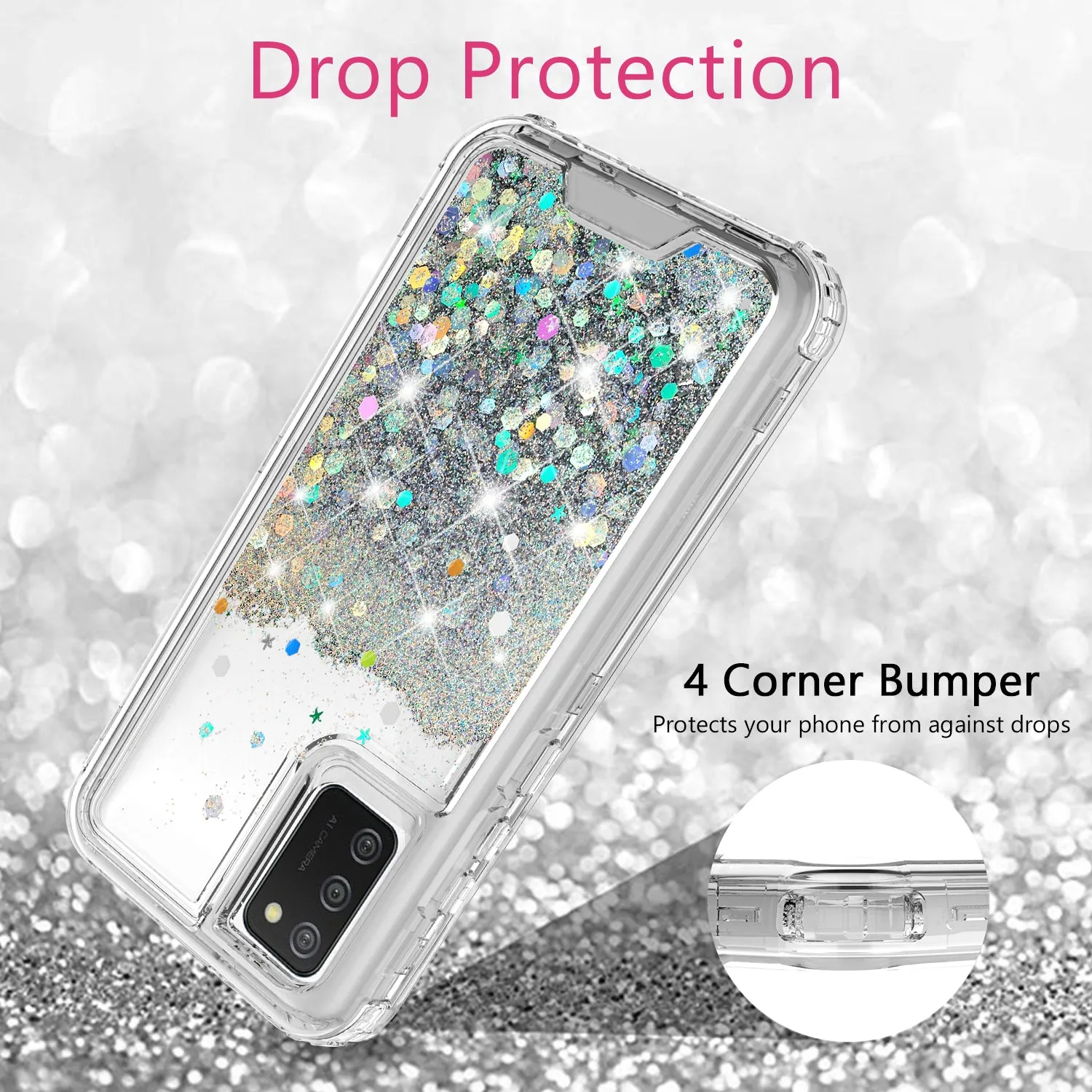 Samsung Galaxy A02s Case,Hard Clear Glitter Sparkle Flowing Liquid Heavy Duty Shockproof Three Layer Protective Bling Girls Women Cases for Samsung Galaxy A02s - Clear