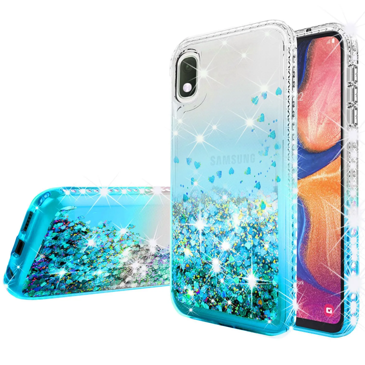 Samsung Galaxy A10e Case Liquid Glitter Phone Case Waterfall Floating Quicksand Bling Sparkle Cute Protective Girls Women Cover for Samsung Galaxy A10e W/Temper Glass- Teal