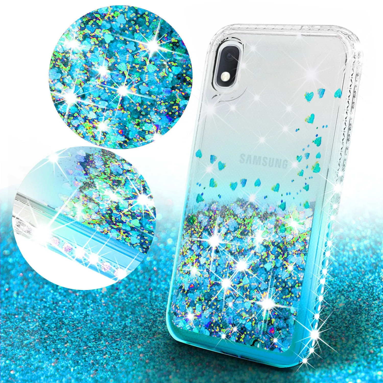 Samsung Galaxy A10e Case Liquid Glitter Phone Case Waterfall Floating Quicksand Bling Sparkle Cute Protective Girls Women Cover for Samsung Galaxy A10e W/Temper Glass- Teal