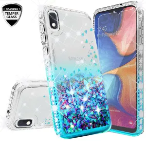 Samsung Galaxy A10e Case Liquid Glitter Phone Case Waterfall Floating Quicksand Bling Sparkle Cute Protective Girls Women Cover for Samsung Galaxy A10e W/Temper Glass- Teal