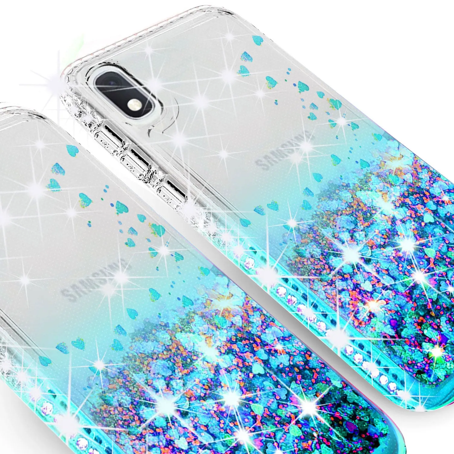Samsung Galaxy A10e Case Liquid Glitter Phone Case Waterfall Floating Quicksand Bling Sparkle Cute Protective Girls Women Cover for Samsung Galaxy A10e W/Temper Glass- Teal
