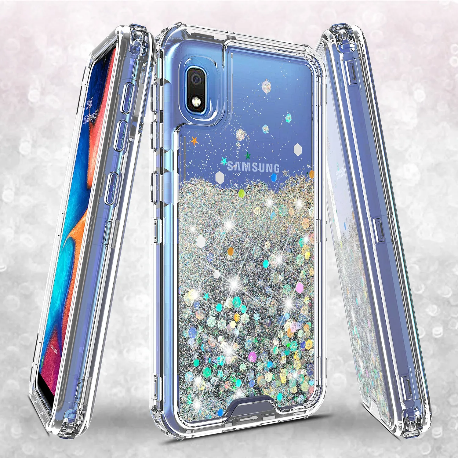 Samsung Galaxy A10e Case,Hard Clear Glitter Sparkle Flowing Liquid Heavy Duty Shockproof Three Layer Protective Bling Girls Women Cases for Samsung Galaxy A10e - Clear