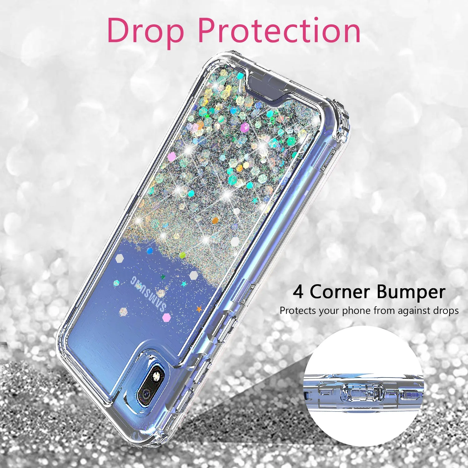 Samsung Galaxy A10e Case,Hard Clear Glitter Sparkle Flowing Liquid Heavy Duty Shockproof Three Layer Protective Bling Girls Women Cases for Samsung Galaxy A10e - Clear