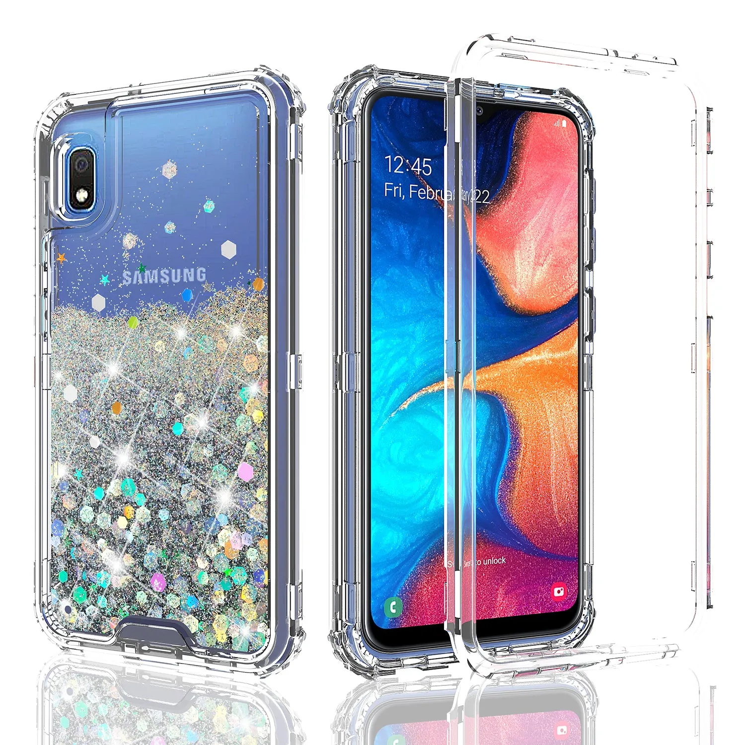 Samsung Galaxy A10e Case,Hard Clear Glitter Sparkle Flowing Liquid Heavy Duty Shockproof Three Layer Protective Bling Girls Women Cases for Samsung Galaxy A10e - Clear