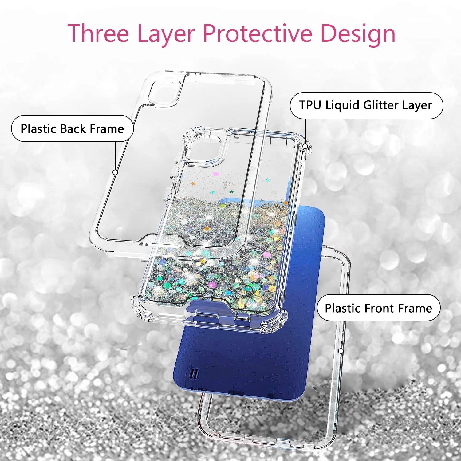 Samsung Galaxy A10e Case,Hard Clear Glitter Sparkle Flowing Liquid Heavy Duty Shockproof Three Layer Protective Bling Girls Women Cases for Samsung Galaxy A10e - Clear