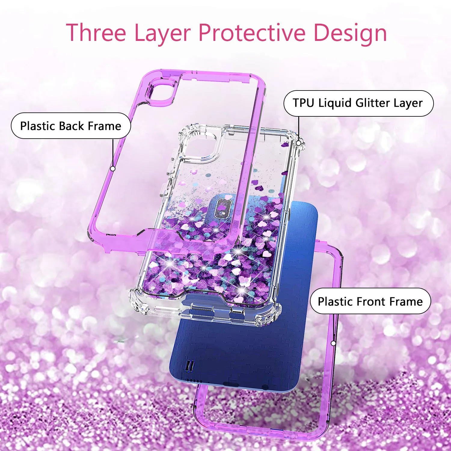 Samsung Galaxy A10e Case,Hard Clear Glitter Sparkle Flowing Liquid Heavy Duty Shockproof Three Layer Protective Bling Girls Women Cases for Samsung Galaxy A10e - Purple