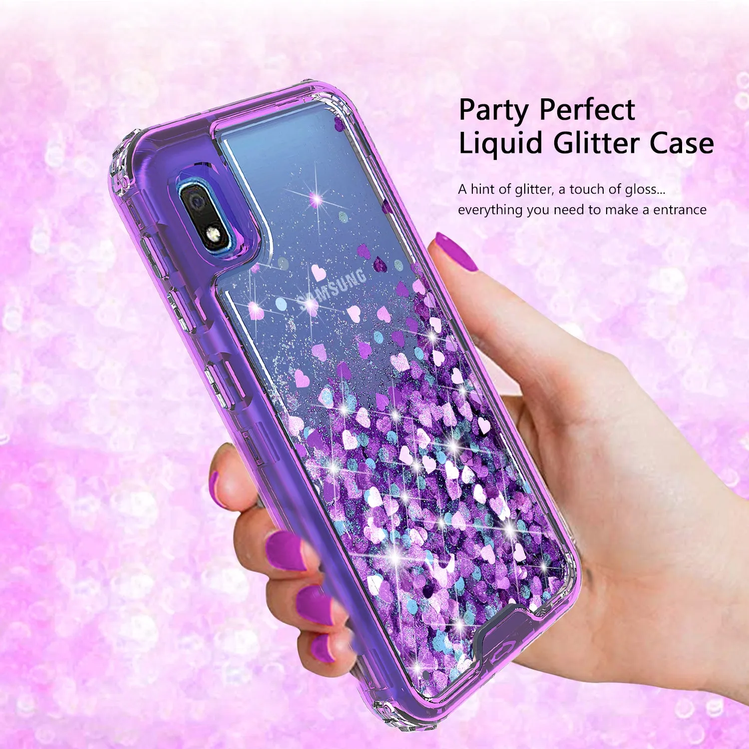 Samsung Galaxy A10e Case,Hard Clear Glitter Sparkle Flowing Liquid Heavy Duty Shockproof Three Layer Protective Bling Girls Women Cases for Samsung Galaxy A10e - Purple