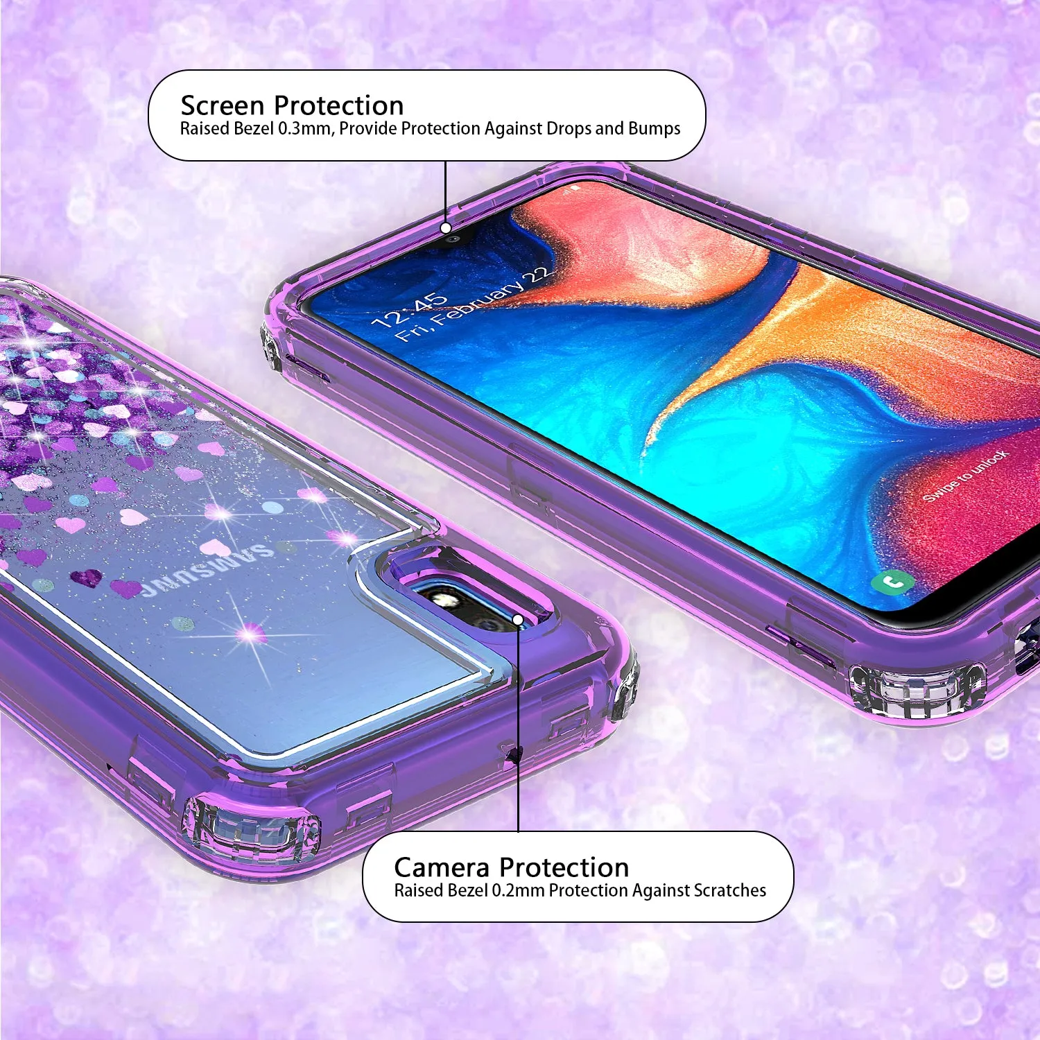 Samsung Galaxy A10e Case,Hard Clear Glitter Sparkle Flowing Liquid Heavy Duty Shockproof Three Layer Protective Bling Girls Women Cases for Samsung Galaxy A10e - Purple