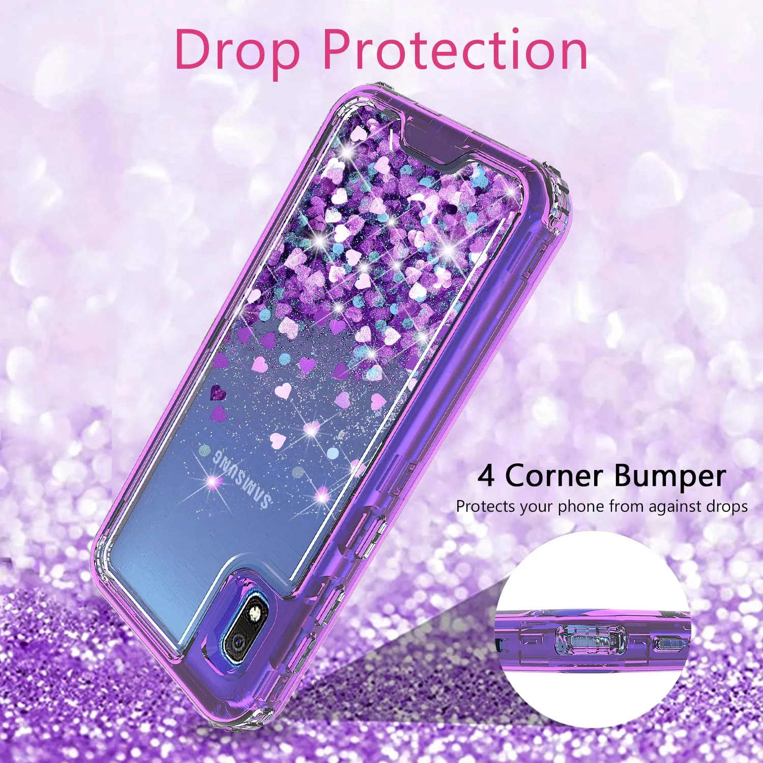 Samsung Galaxy A10e Case,Hard Clear Glitter Sparkle Flowing Liquid Heavy Duty Shockproof Three Layer Protective Bling Girls Women Cases for Samsung Galaxy A10e - Purple