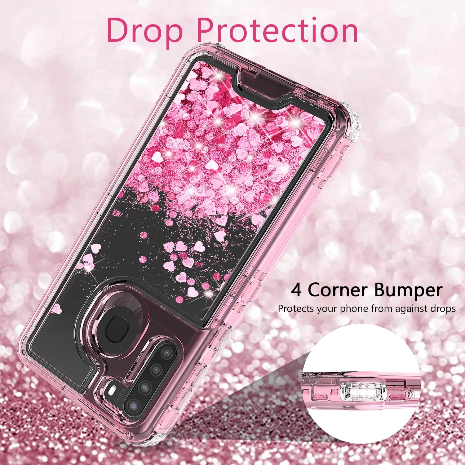 Samsung Galaxy A11 Case,Hard Clear Glitter Sparkle Flowing Liquid Heavy Duty Shockproof Three Layer Protective Bling Girls Women Cases for Samsung Galaxy A11 - Pink