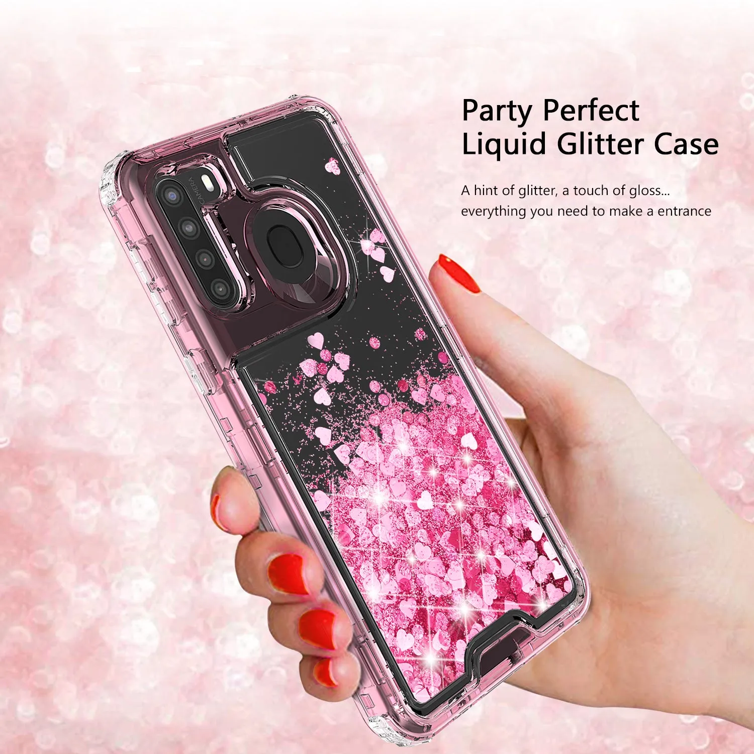 Samsung Galaxy A11 Case,Hard Clear Glitter Sparkle Flowing Liquid Heavy Duty Shockproof Three Layer Protective Bling Girls Women Cases for Samsung Galaxy A11 - Pink