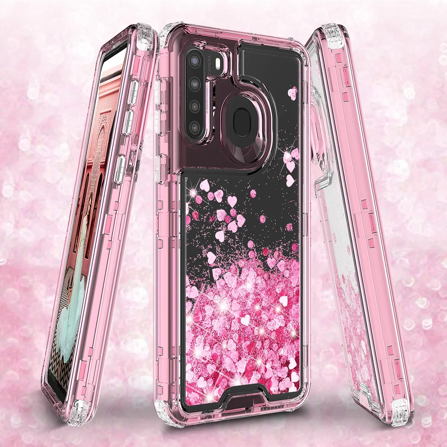 Samsung Galaxy A11 Case,Hard Clear Glitter Sparkle Flowing Liquid Heavy Duty Shockproof Three Layer Protective Bling Girls Women Cases for Samsung Galaxy A11 - Pink