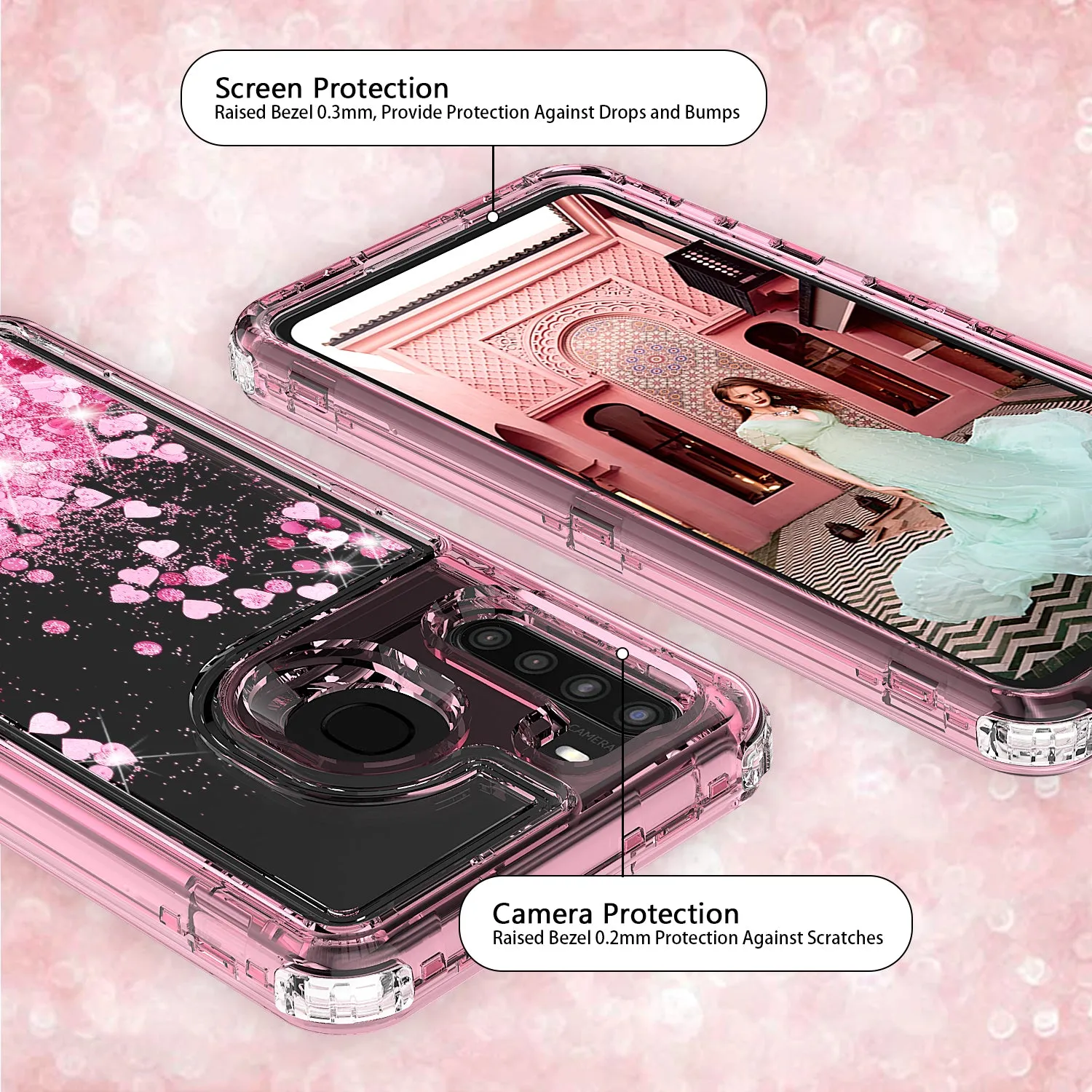 Samsung Galaxy A11 Case,Hard Clear Glitter Sparkle Flowing Liquid Heavy Duty Shockproof Three Layer Protective Bling Girls Women Cases for Samsung Galaxy A11 - Pink