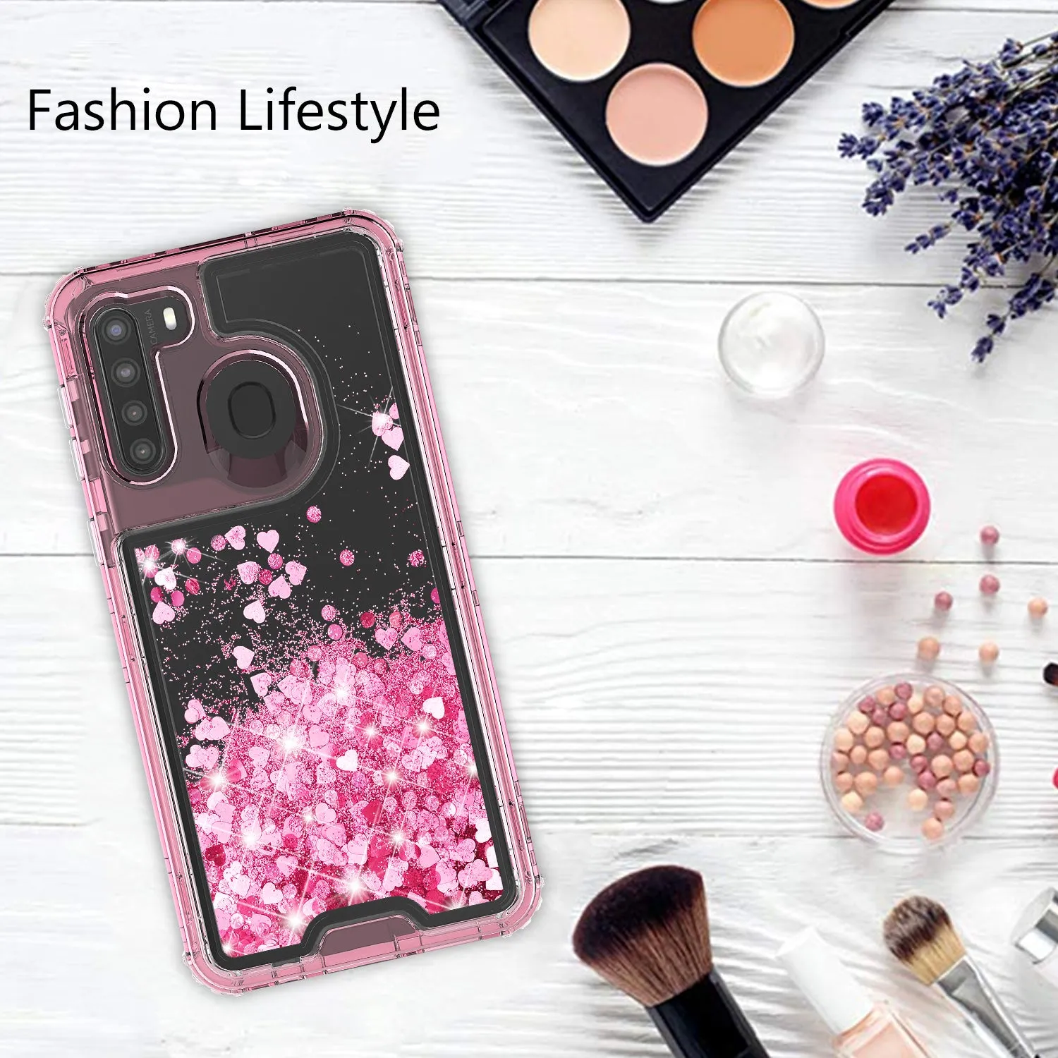 Samsung Galaxy A11 Case,Hard Clear Glitter Sparkle Flowing Liquid Heavy Duty Shockproof Three Layer Protective Bling Girls Women Cases for Samsung Galaxy A11 - Pink