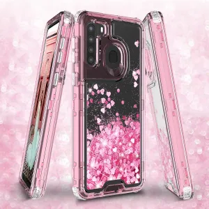 Samsung Galaxy A11 Case,Hard Clear Glitter Sparkle Flowing Liquid Heavy Duty Shockproof Three Layer Protective Bling Girls Women Cases for Samsung Galaxy A11 - Pink