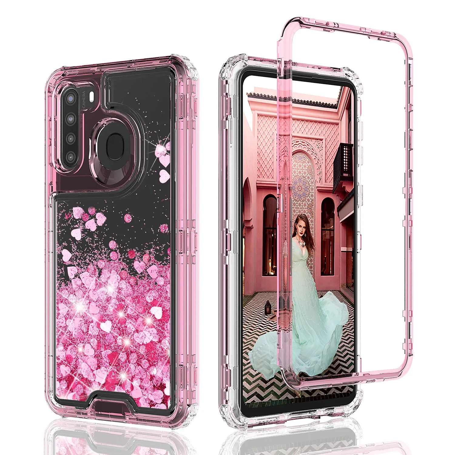 Samsung Galaxy A11 Case,Hard Clear Glitter Sparkle Flowing Liquid Heavy Duty Shockproof Three Layer Protective Bling Girls Women Cases for Samsung Galaxy A11 - Pink
