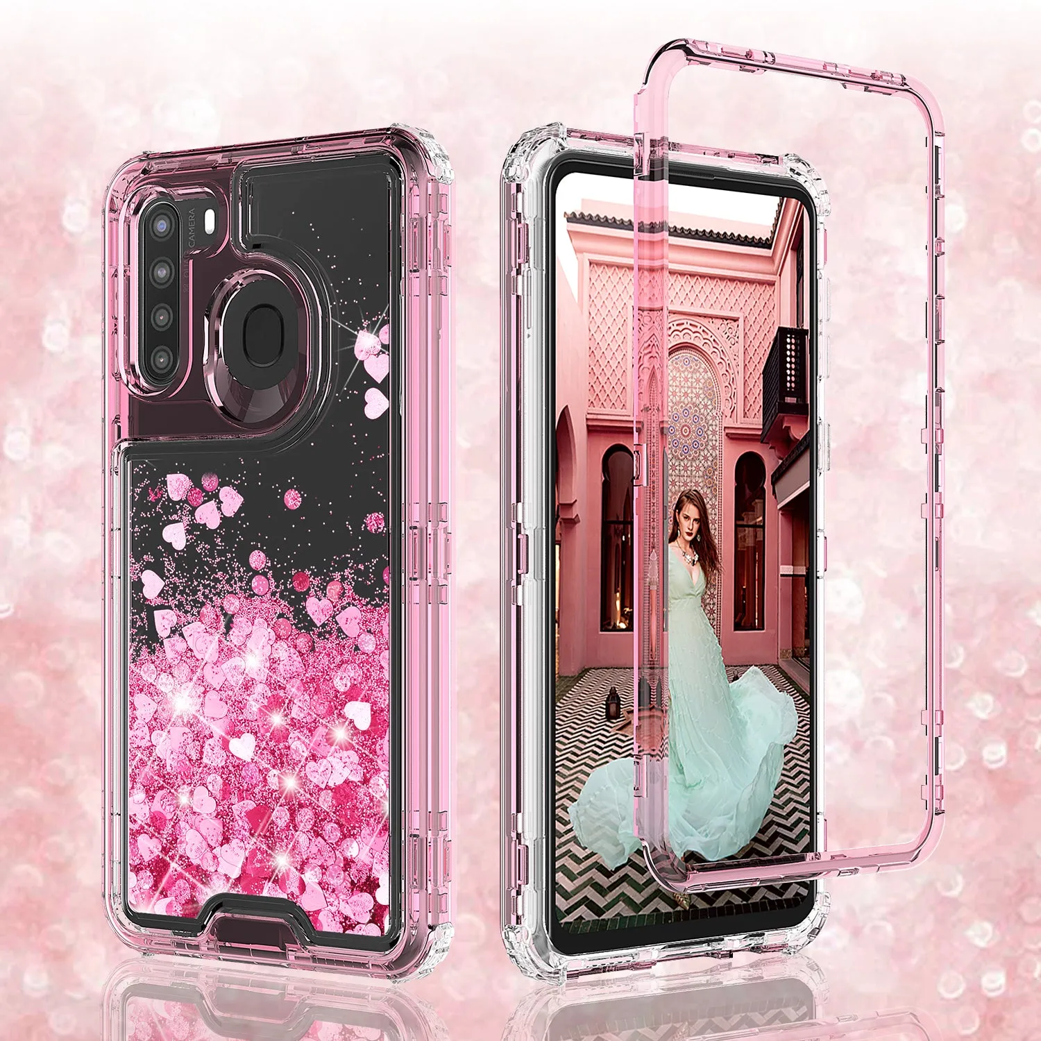Samsung Galaxy A11 Case,Hard Clear Glitter Sparkle Flowing Liquid Heavy Duty Shockproof Three Layer Protective Bling Girls Women Cases for Samsung Galaxy A11 - Pink