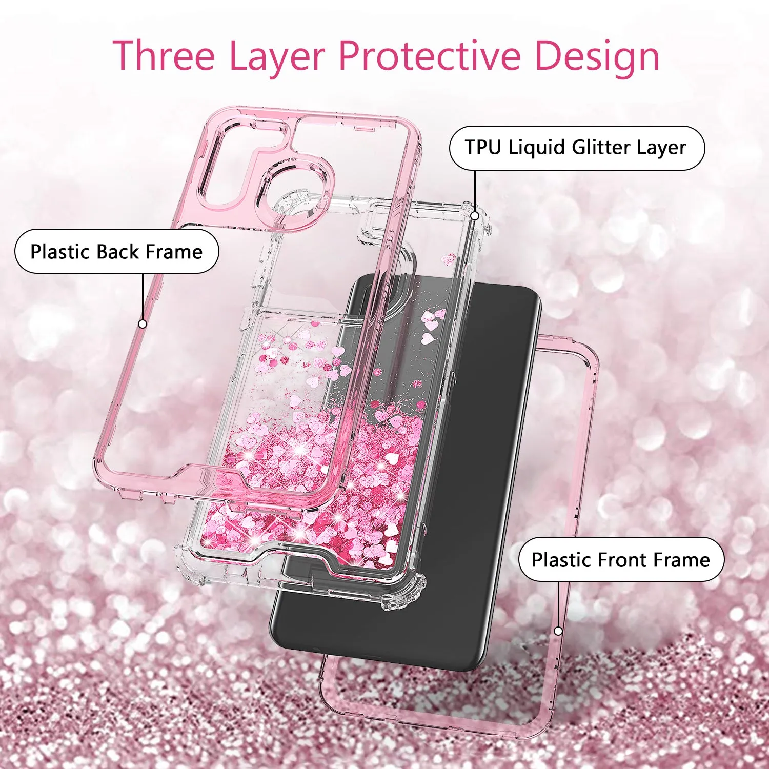 Samsung Galaxy A11 Case,Hard Clear Glitter Sparkle Flowing Liquid Heavy Duty Shockproof Three Layer Protective Bling Girls Women Cases for Samsung Galaxy A11 - Pink