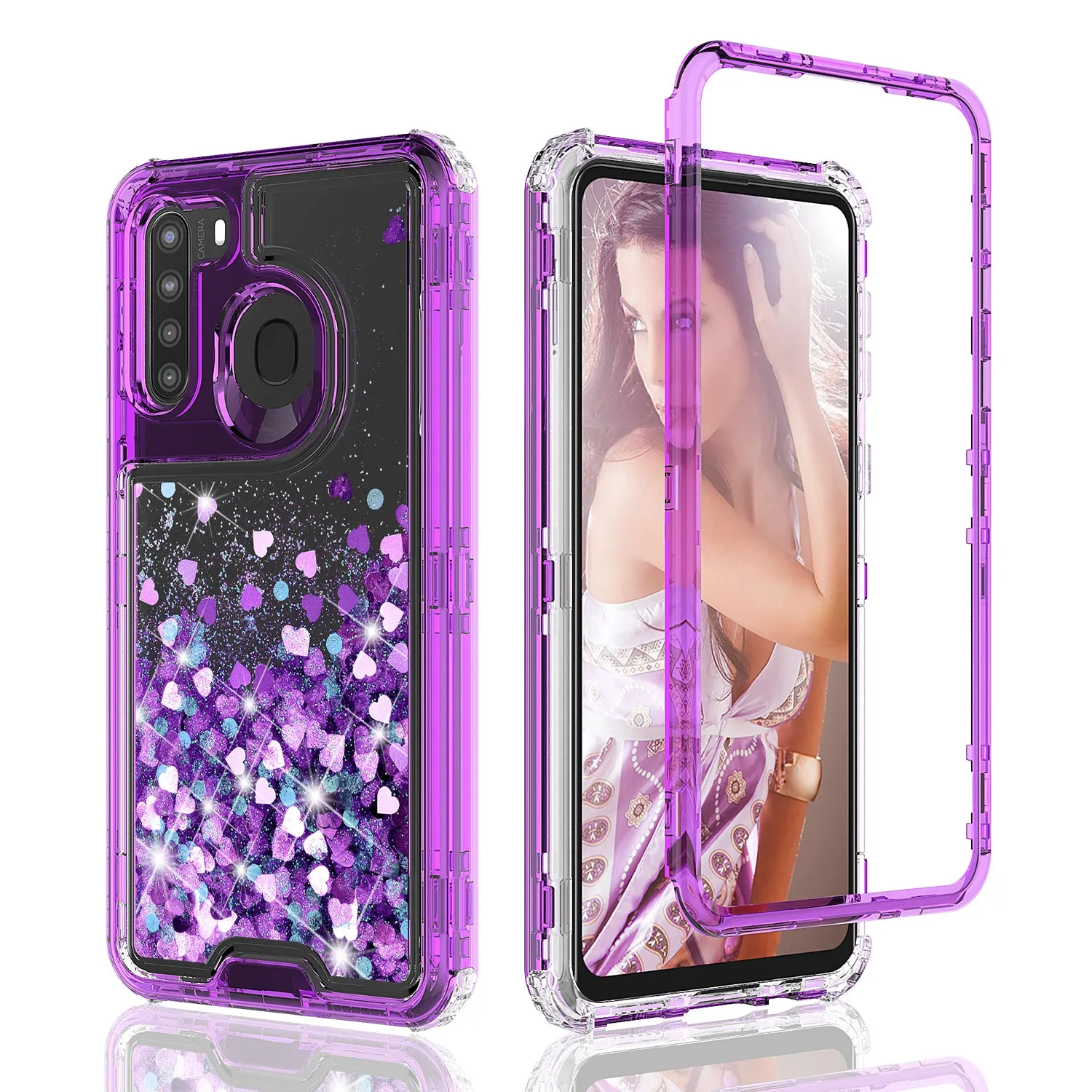 Samsung Galaxy A11 Case,Hard Clear Glitter Sparkle Flowing Liquid Heavy Duty Shockproof Three Layer Protective Bling Girls Women Cases for Samsung Galaxy A11 - Purple