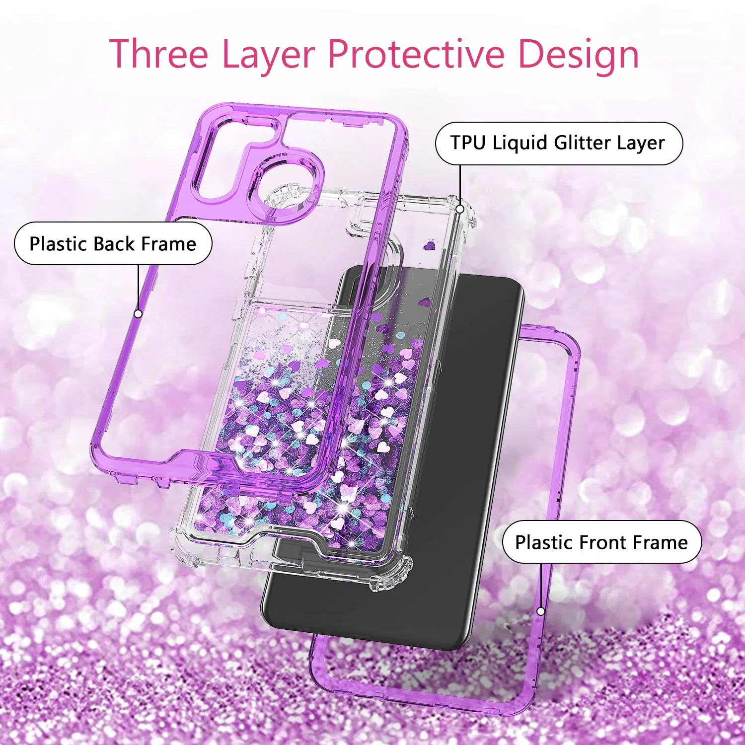 Samsung Galaxy A11 Case,Hard Clear Glitter Sparkle Flowing Liquid Heavy Duty Shockproof Three Layer Protective Bling Girls Women Cases for Samsung Galaxy A11 - Purple