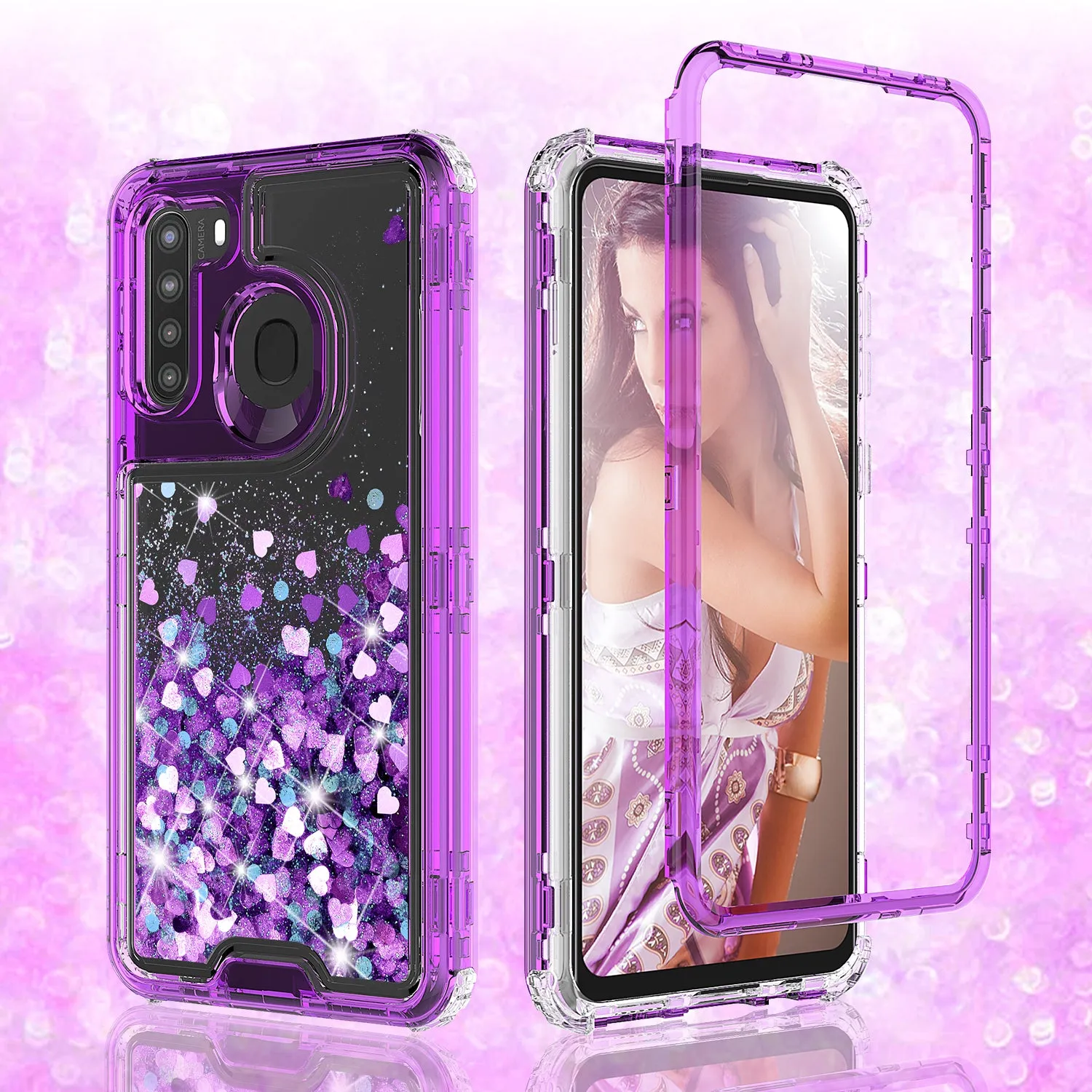 Samsung Galaxy A11 Case,Hard Clear Glitter Sparkle Flowing Liquid Heavy Duty Shockproof Three Layer Protective Bling Girls Women Cases for Samsung Galaxy A11 - Purple