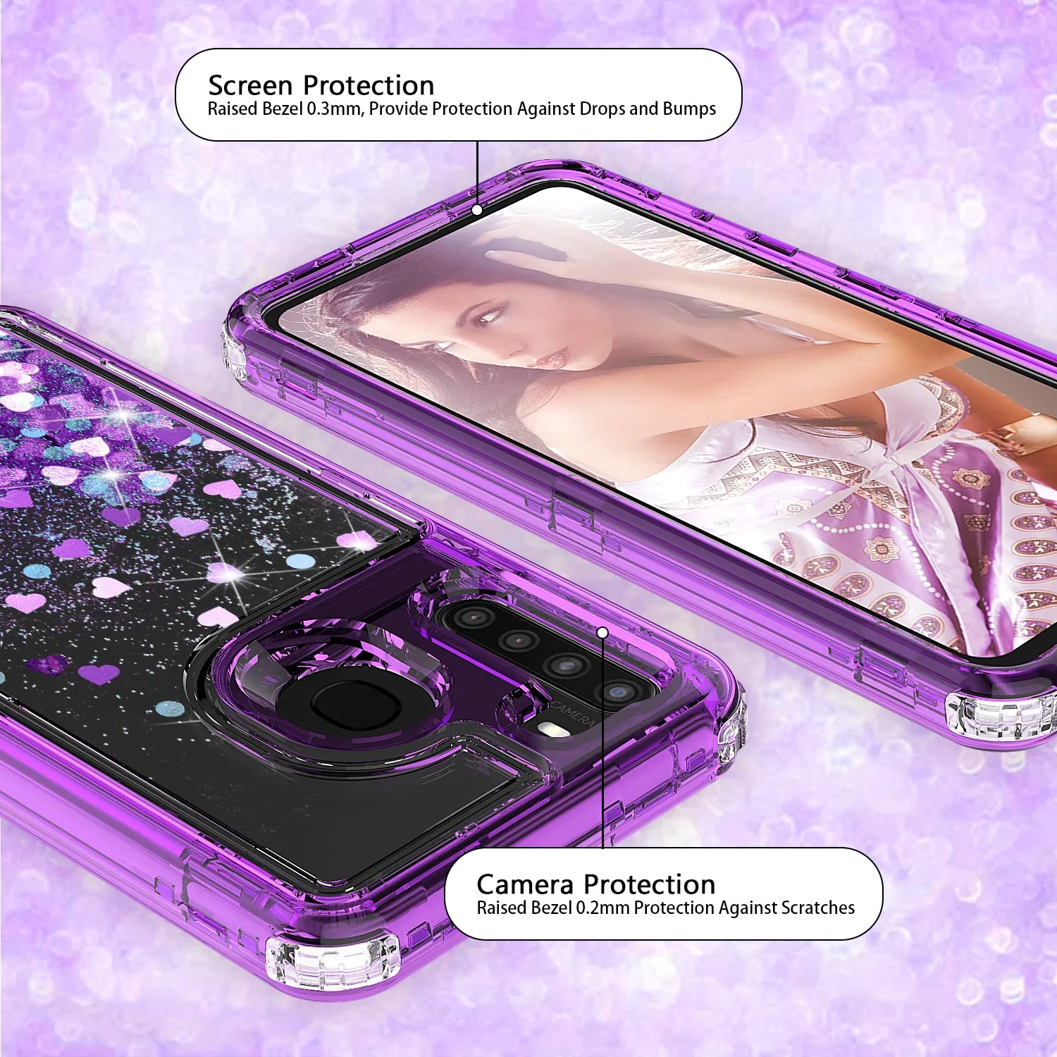 Samsung Galaxy A11 Case,Hard Clear Glitter Sparkle Flowing Liquid Heavy Duty Shockproof Three Layer Protective Bling Girls Women Cases for Samsung Galaxy A11 - Purple