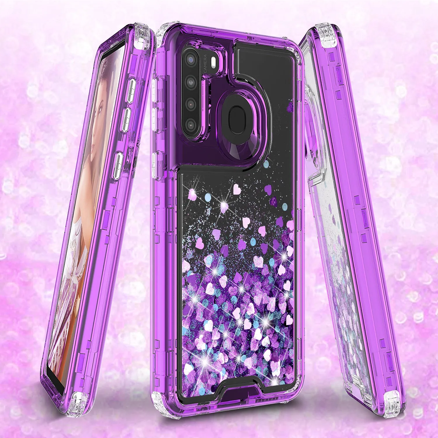 Samsung Galaxy A11 Case,Hard Clear Glitter Sparkle Flowing Liquid Heavy Duty Shockproof Three Layer Protective Bling Girls Women Cases for Samsung Galaxy A11 - Purple
