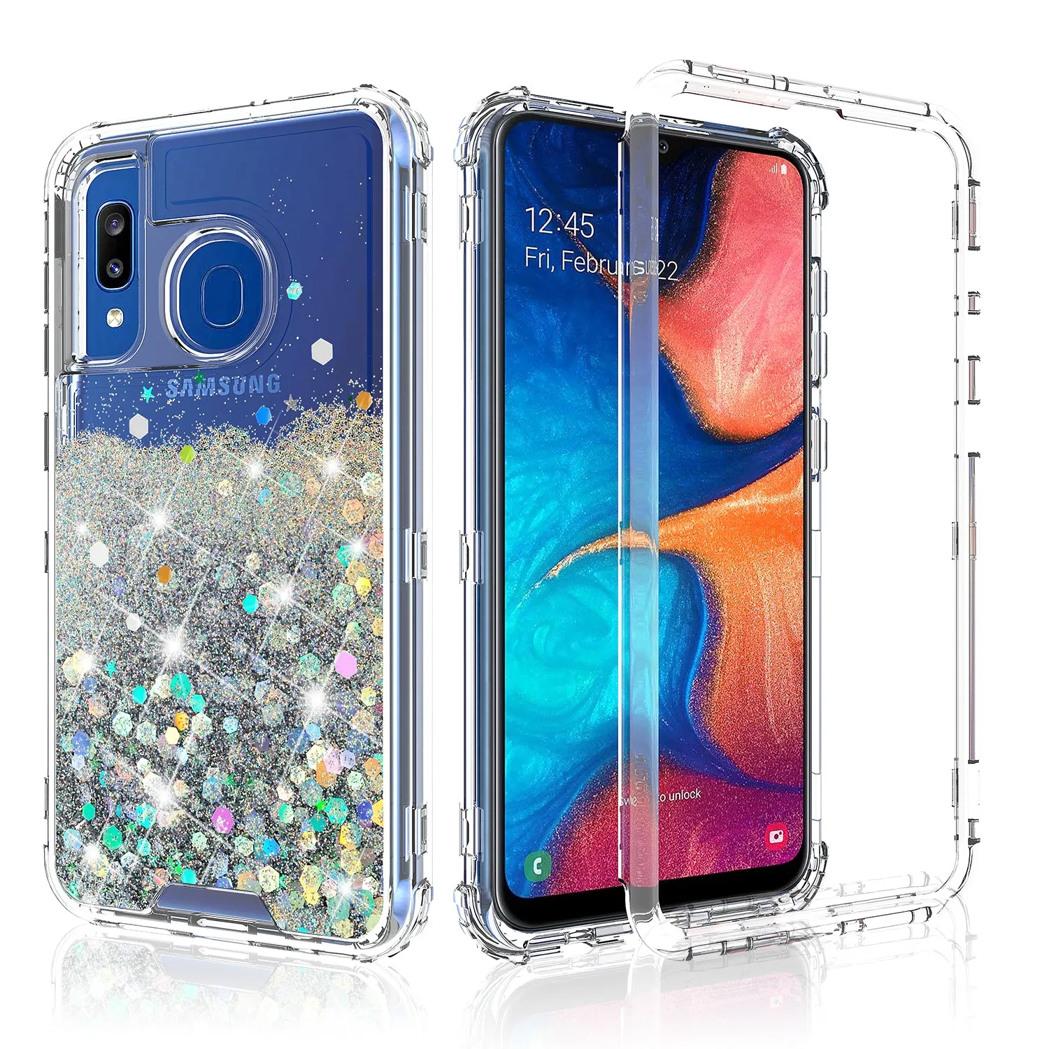 Samsung Galaxy A20 | A30 | A50 Case, Clear Glitter Sparkle Flowing Liquid Heavy Duty Shockproof Three Layer Hard Protective Bling Girls Women Cases for Samsung Galaxy A20/A30/A50 - Silver