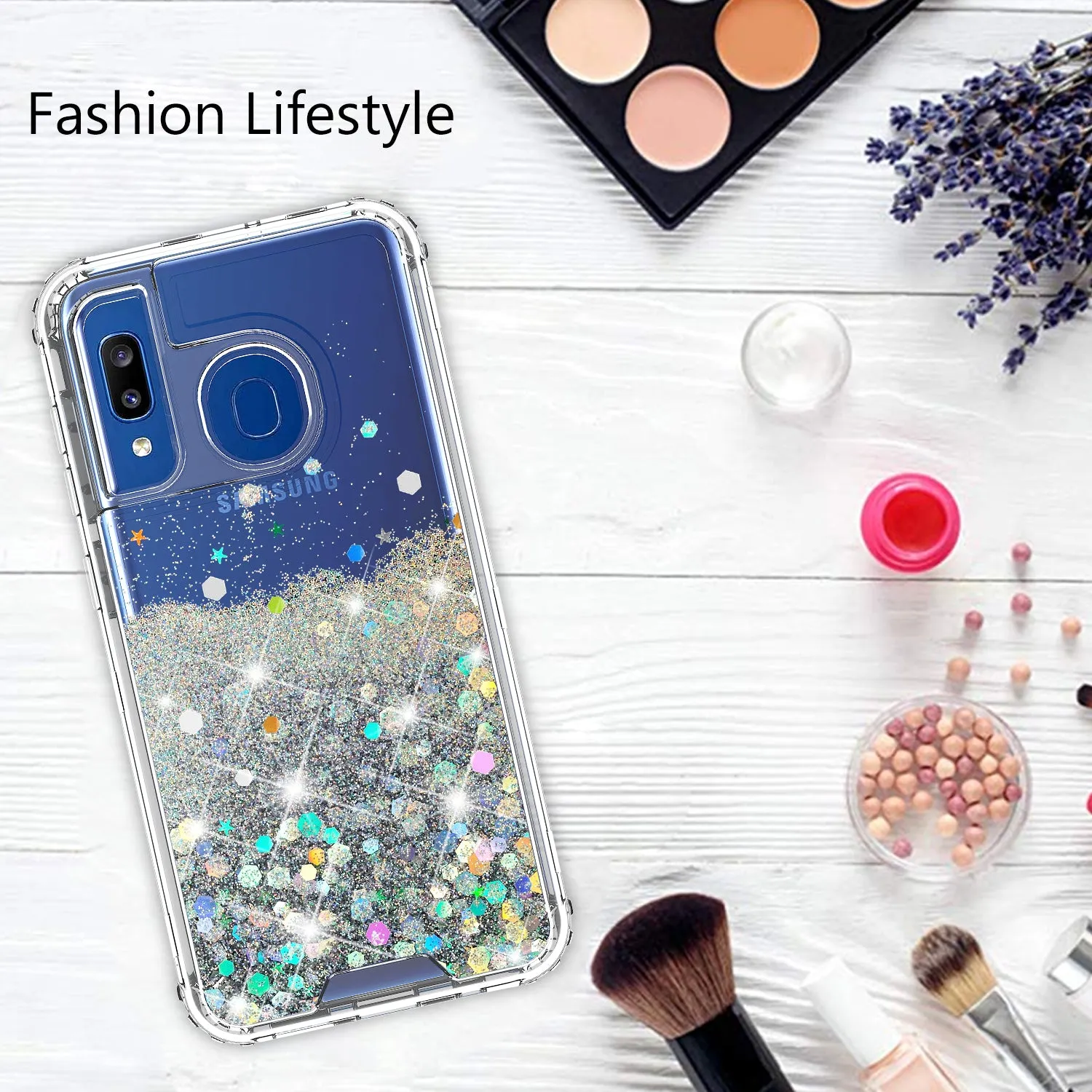 Samsung Galaxy A20 | A30 | A50 Case, Clear Glitter Sparkle Flowing Liquid Heavy Duty Shockproof Three Layer Hard Protective Bling Girls Women Cases for Samsung Galaxy A20/A30/A50 - Silver