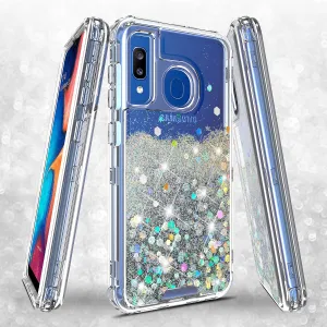 Samsung Galaxy A20 | A30 | A50 Case, Clear Glitter Sparkle Flowing Liquid Heavy Duty Shockproof Three Layer Hard Protective Bling Girls Women Cases for Samsung Galaxy A20/A30/A50 - Silver