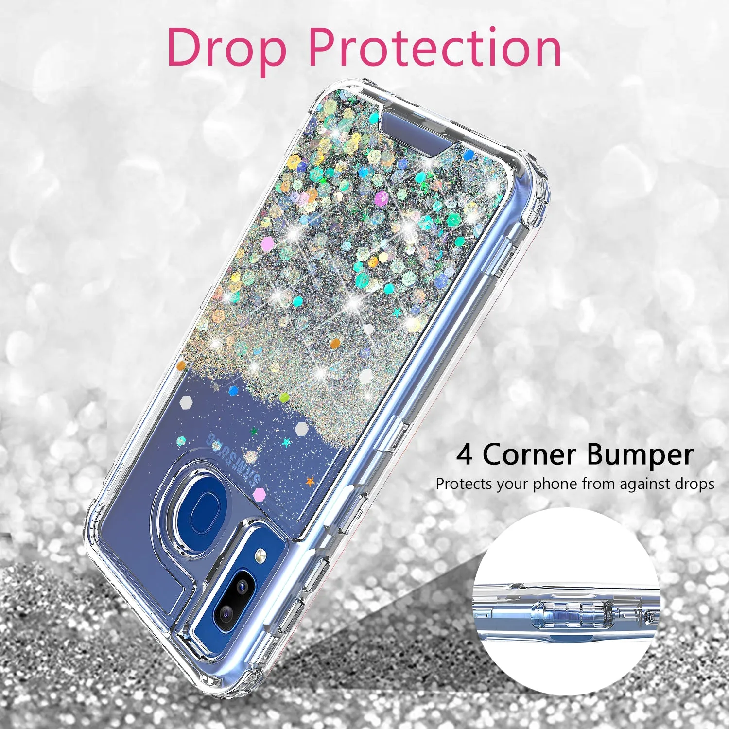 Samsung Galaxy A20 | A30 | A50 Case, Clear Glitter Sparkle Flowing Liquid Heavy Duty Shockproof Three Layer Hard Protective Bling Girls Women Cases for Samsung Galaxy A20/A30/A50 - Silver