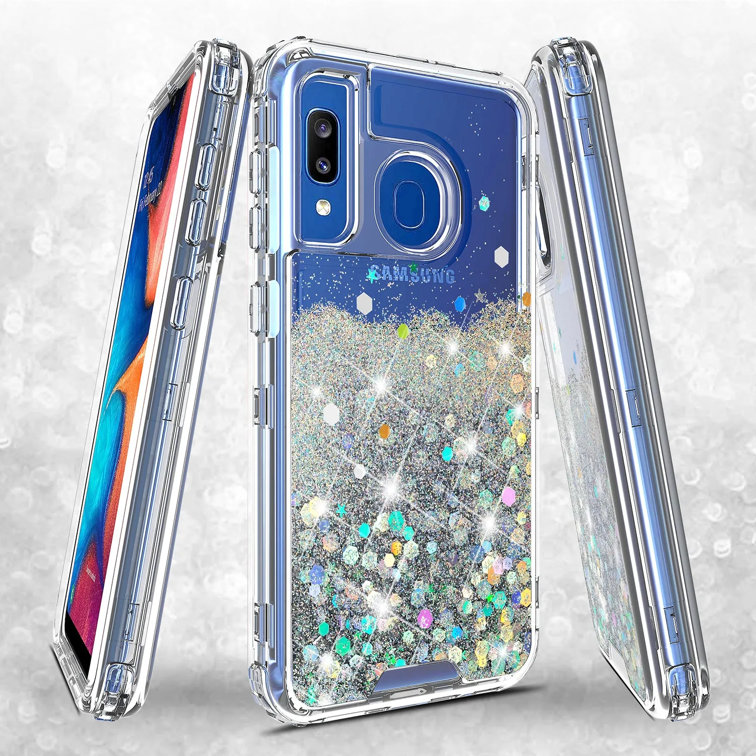 Samsung Galaxy A20 | A30 | A50 Case, Clear Glitter Sparkle Flowing Liquid Heavy Duty Shockproof Three Layer Hard Protective Bling Girls Women Cases for Samsung Galaxy A20/A30/A50 - Silver