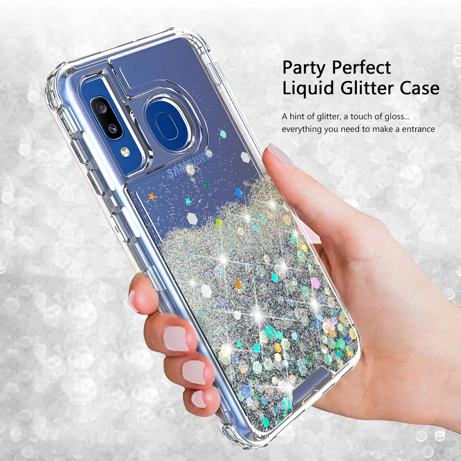 Samsung Galaxy A20 | A30 | A50 Case, Clear Glitter Sparkle Flowing Liquid Heavy Duty Shockproof Three Layer Hard Protective Bling Girls Women Cases for Samsung Galaxy A20/A30/A50 - Silver